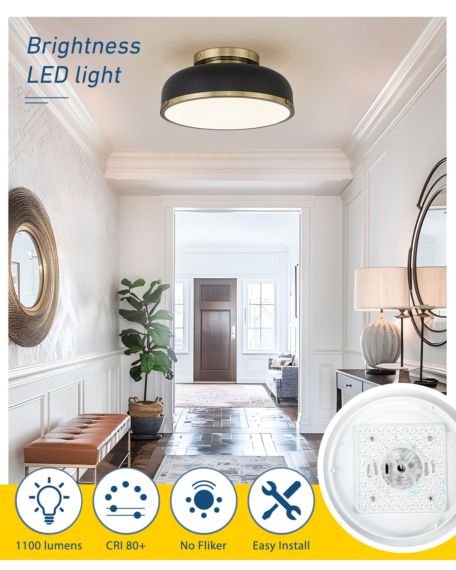 Kudos Ceiling Light, 12-Inch Led Flush Mount Ceiling Light, Black And Gold Finish, 24W/1100Lm Light Fixtures Ceiling Mount For Living Room, Bedroom, 3000K/3700K/4500K/5100K/6000K Adjustbale, Kdcl15-Bk