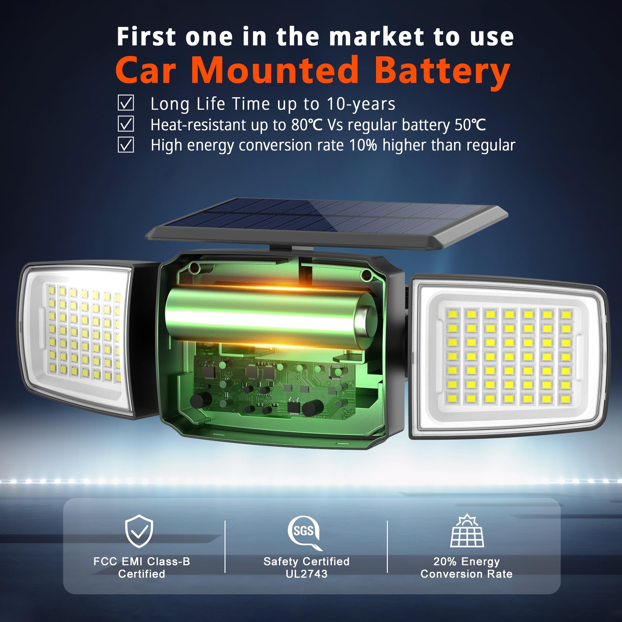 JEJOT Solar Security Light Outdoor LED, Remote Control, Radar Motion Sensor, IP65 Waterproof, 2 Pack, 3 Head, Model j111
