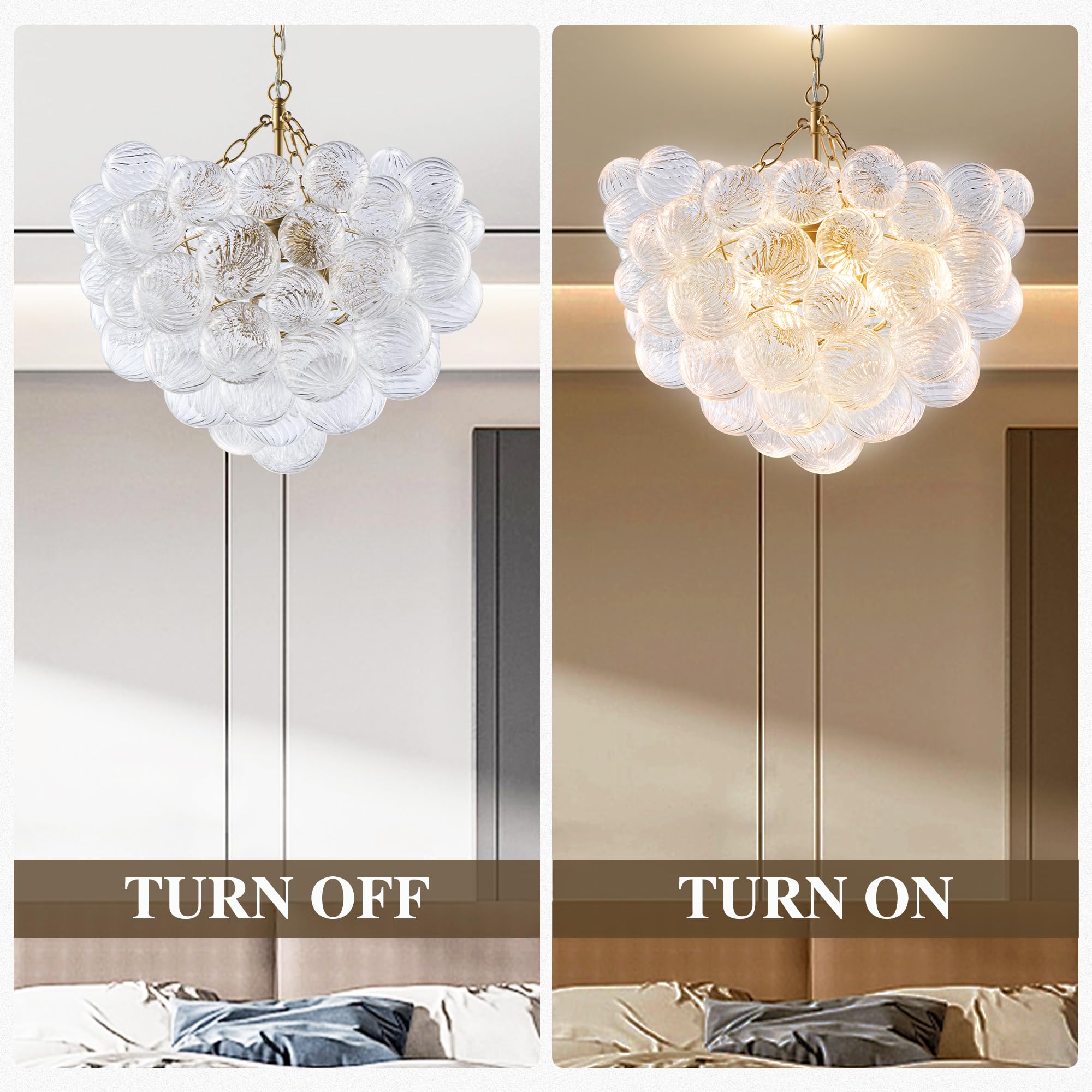 Beypan Gold Bubble Chandelier Lighting Dia 20" Swirled Clear Ribbed Hand Blown Glass Ball Chandeliers Hanging Decorative Light Fixture For Living Room Hallway Entryway Foyer Dining Room