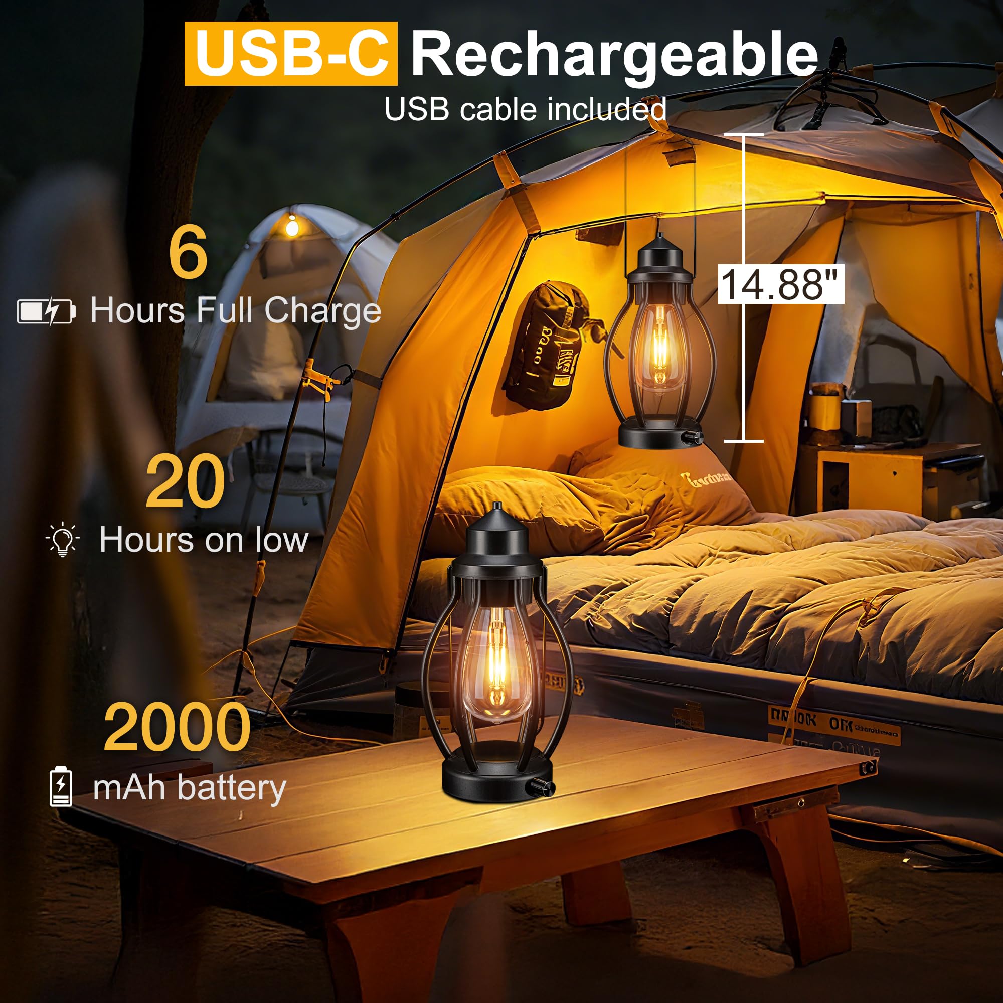 pearlstar Rechargeable LED Lanterns, 2 Pack Vintage Portable, Fully Dimmable, Black, Model 1710 for Outdoor & Indoor Use