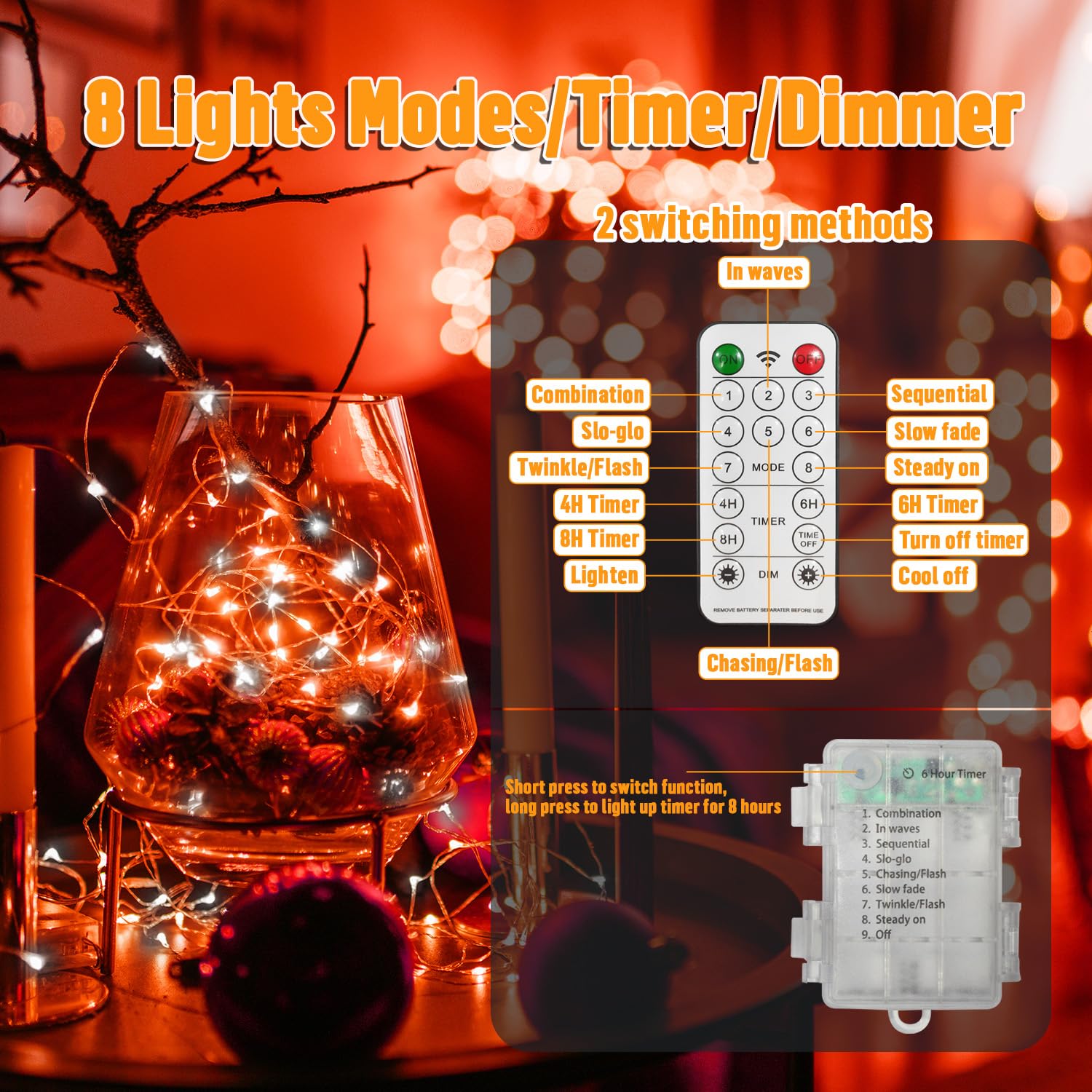 LAMPHOME 100LED String Light, Fairy Lights Battery Operated, Remote Control Timer Twinkle String Lights 8 Modes Firefly Lights f