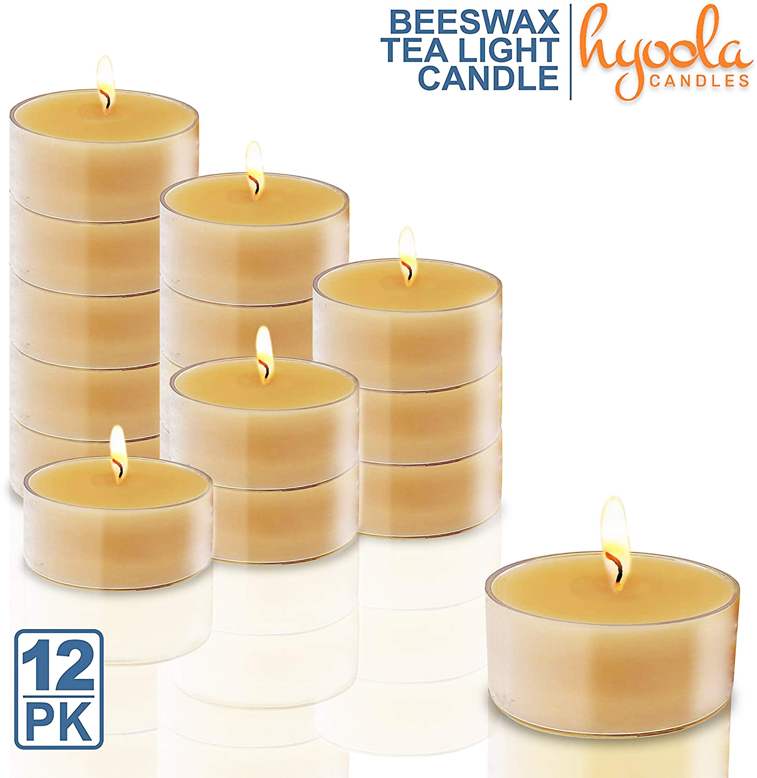 Hyoola Pure Beeswax Tea Lights, Handmade Decorative Unscented, Tealight Candles, 4 Hour Burn Time, Clear Cup (Pack Of 24)