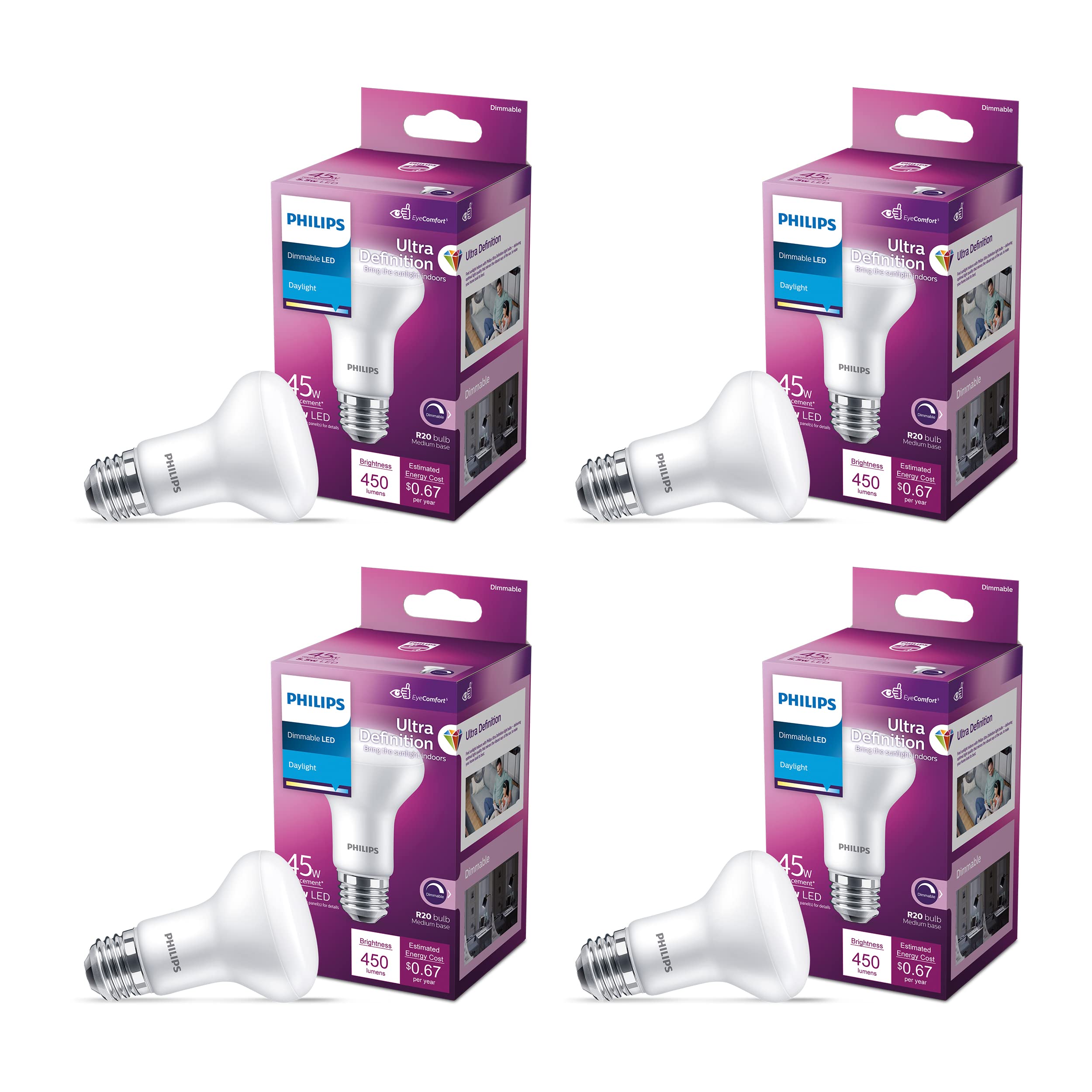 Philips LED R20 Light Bulb, 5.5W=45W, 450 Lumen, Daylight 5000K, Frosted Glass, E26 Base, 4-Pack