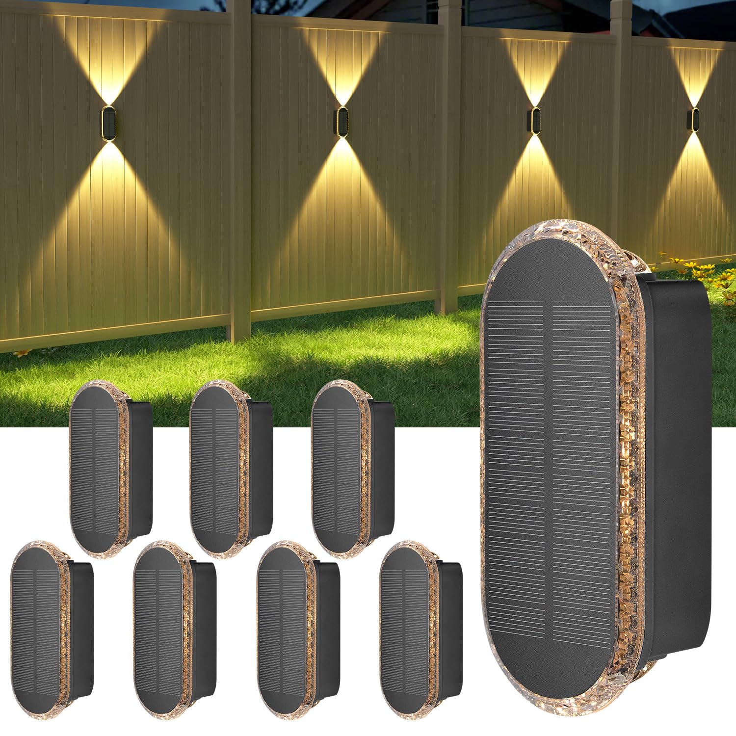 Ellasay 8 Pack Fence Lights Solar Powered  Up and Down Focus LED Solar Wall Lights Outdoor  IP67 Waterproof Solar Lights for Outside Patio  Backyard Porch Railing 3 Color Modes
