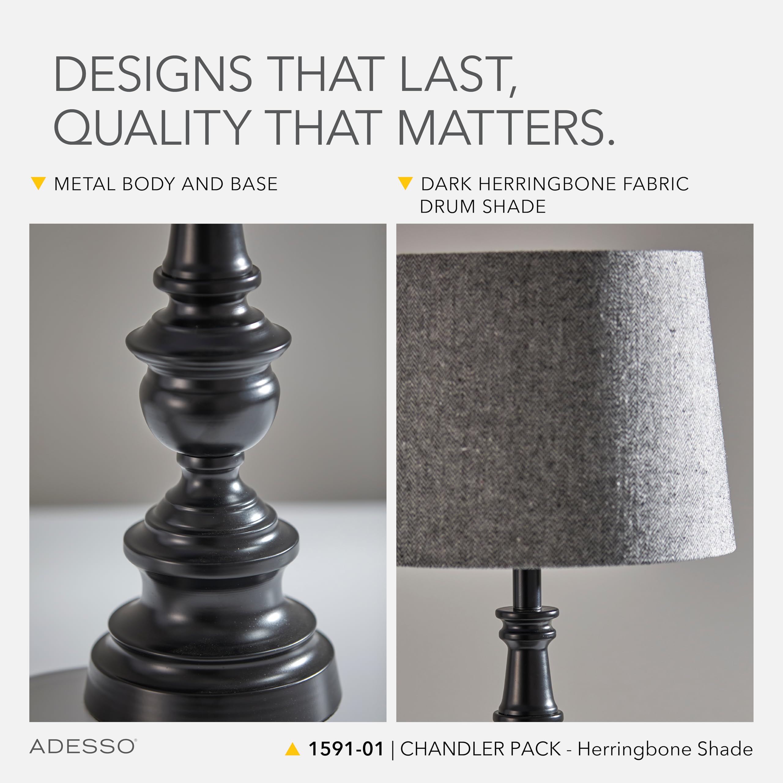 Adesso 3-Piece Lamp Set - Two Table Lamps & One Floor Lamp, Bronze Base, Dark Herringbone Shade, Model 1591-01, Gray