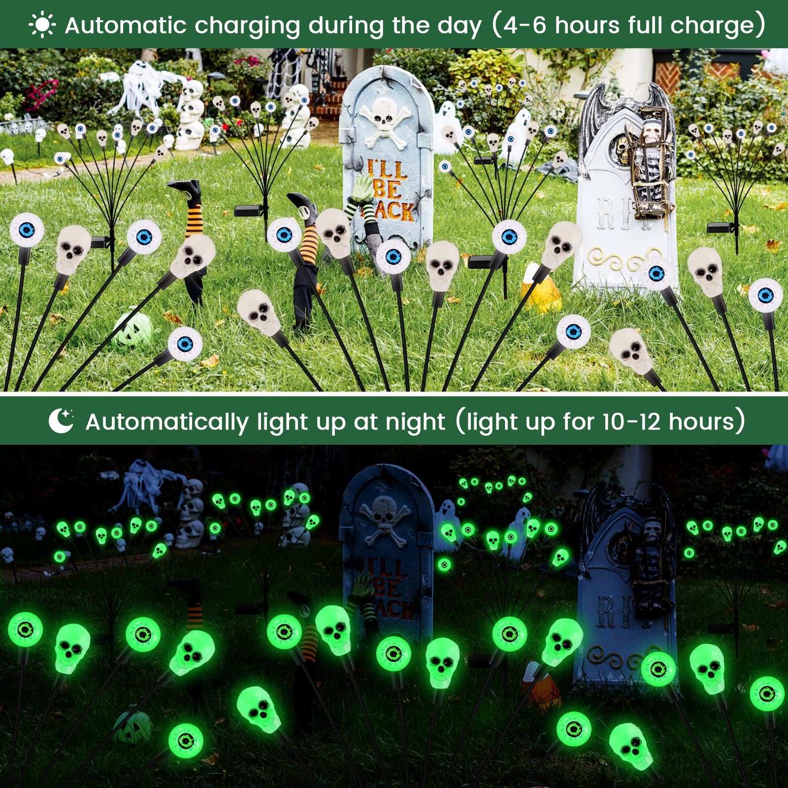 Fensan Solar Halloween Lights Outdoor,Halloween Decorations Outdoor, Scary Halloween Eyeball Lights,2Packs 16Led,Ip65 Waterproof,Halloween Decor For Garden/Yard/Patio/Lawn/Pathway(Green)