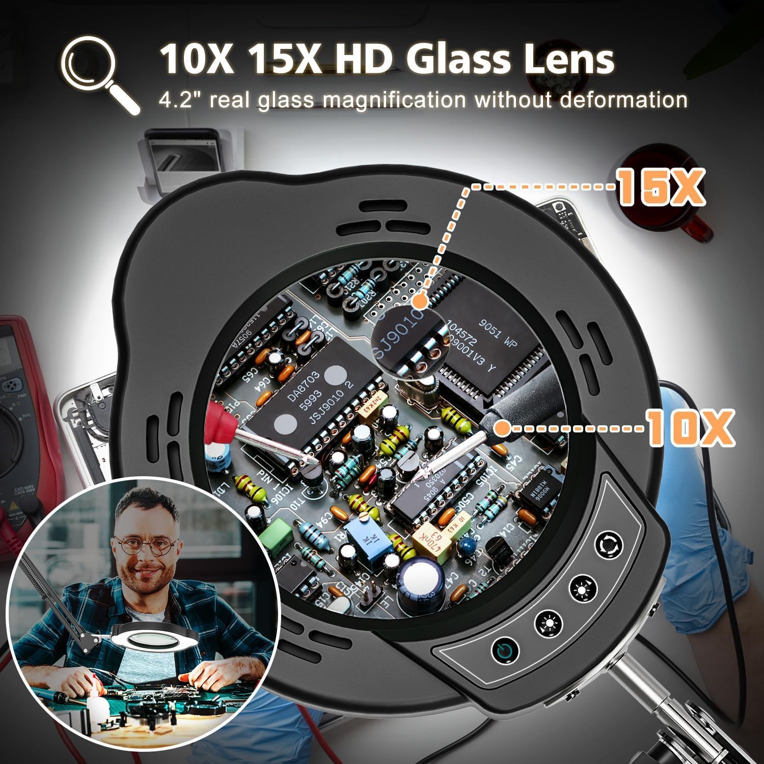 BAISHUN Magnifying Glass with Light, 15X 10X Lens, 84 LED, Adjustable Clamp, Black, Model CJX-111-US
