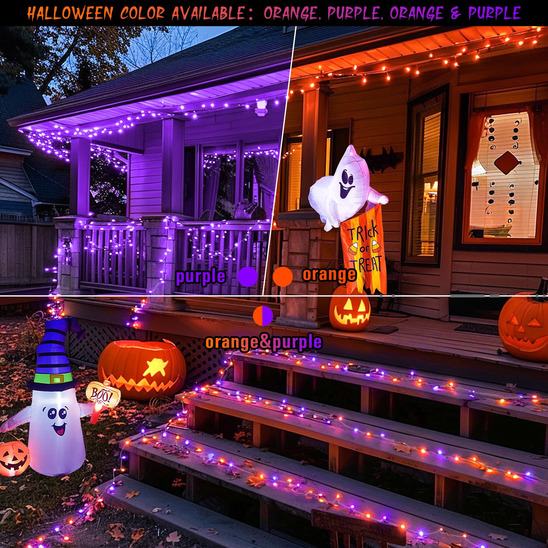 JMEXSUSS Halloween String Lights 168ft 600 LED Waterproof Clear Wire Orange Purple EXS-S-0600-R