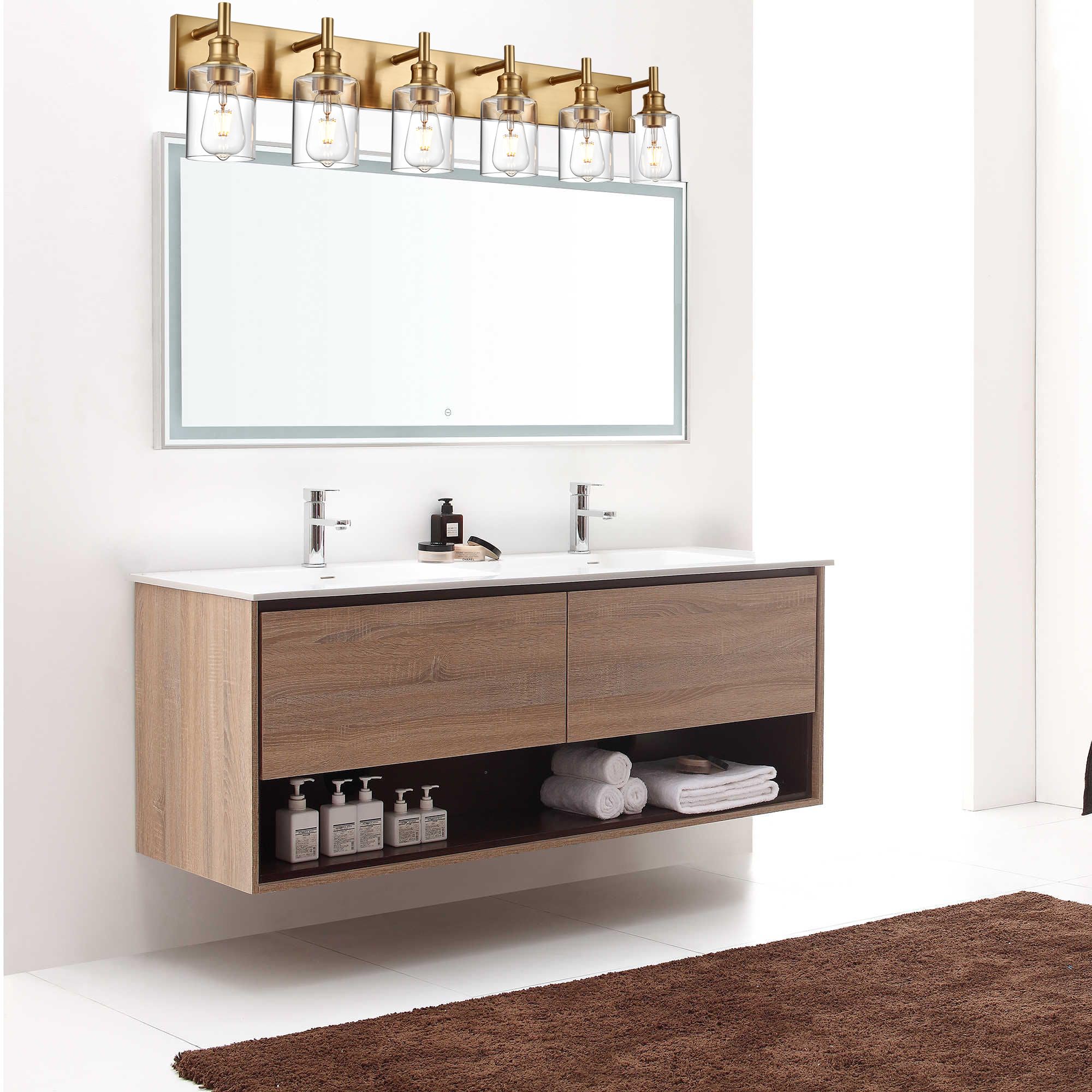 Wanluce 6 Light Vintage Brushed Brass Bathroom Lighting Fixtures Over Mirror With Clear Glass Shades, Farmhouse Wall Sconces Lig