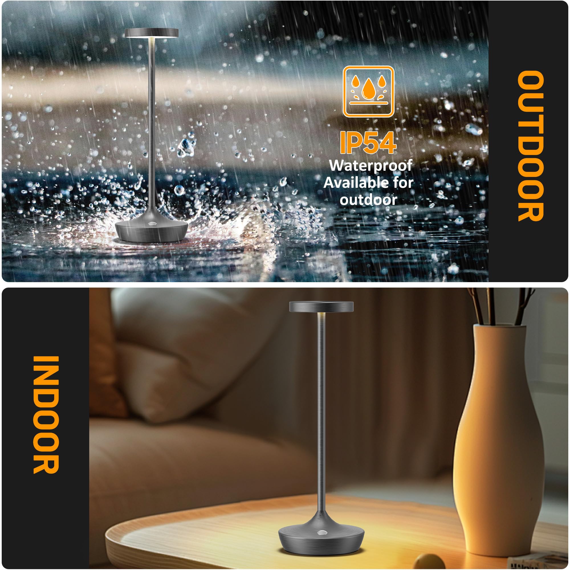 YHT Rechargeable Cordless Table Lamp, 6000mAh LED, Waterproof, 3-Color Touch Dimmable, Grey-2P, Model X86