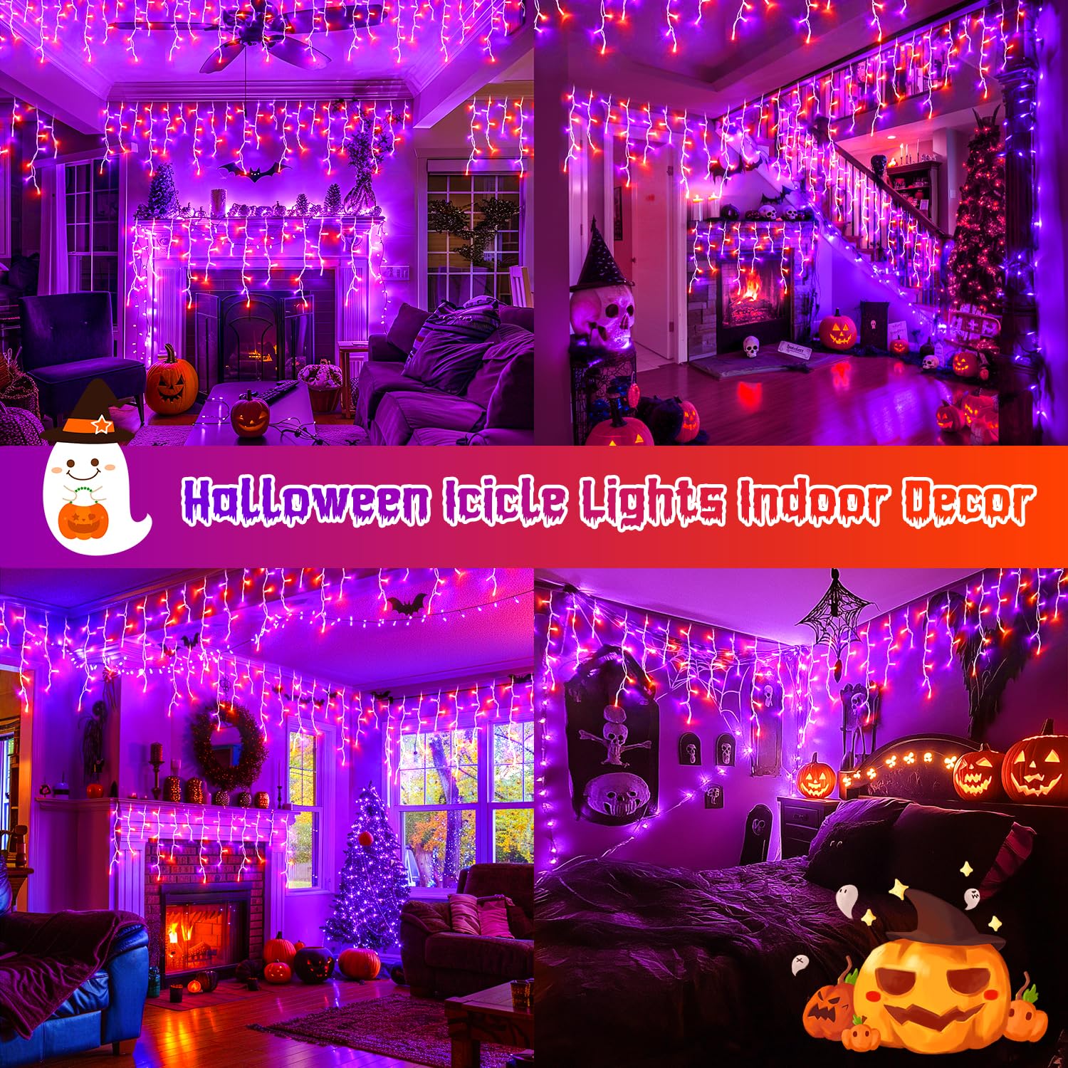 JMEXSUSS 400 LED Icicle Lights, 8 Modes, Waterproof, 38.8FT, Orange and Purple, Model EXS-I-0400