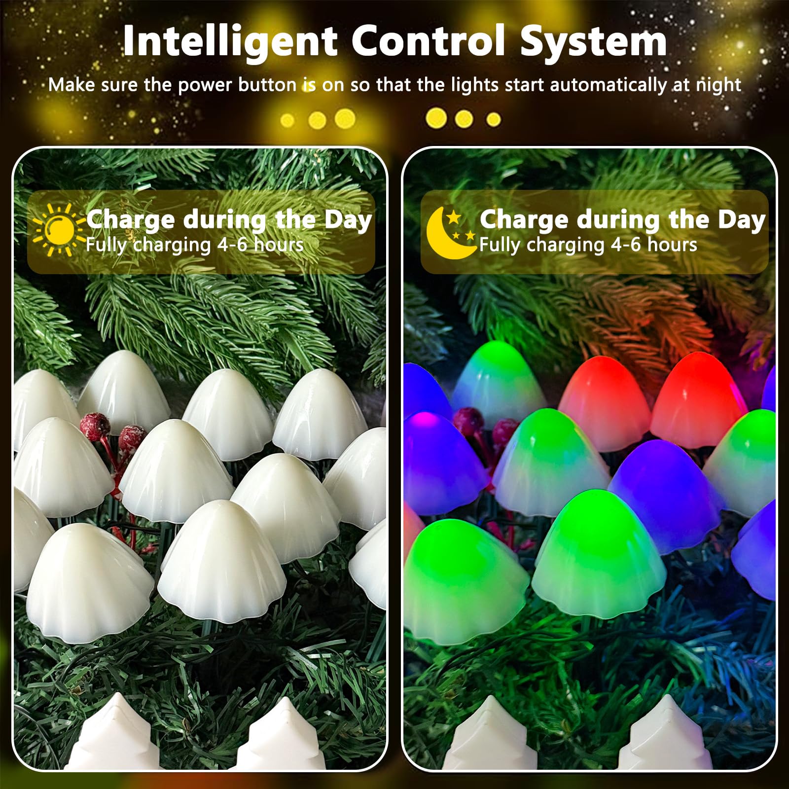 OZS Solar String Lights, 32LED 55FT Waterproof, 8 Lighting Modes, 2 Pack, Mushroom-Multicolor