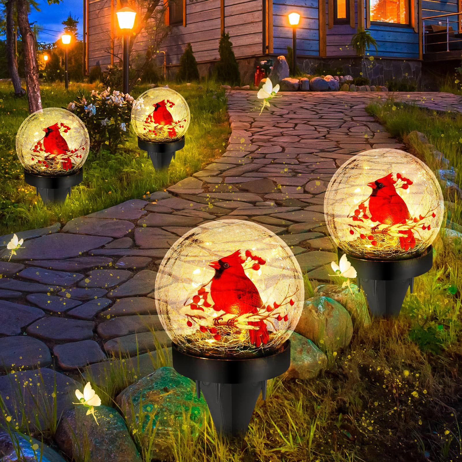 WILLBOND 4 Pcs Cardinal Bird Solar Light Outdoor Glass Ball Red Bird Solar Globe Ground Lights Christmas Lawn Garden Pathway Yar