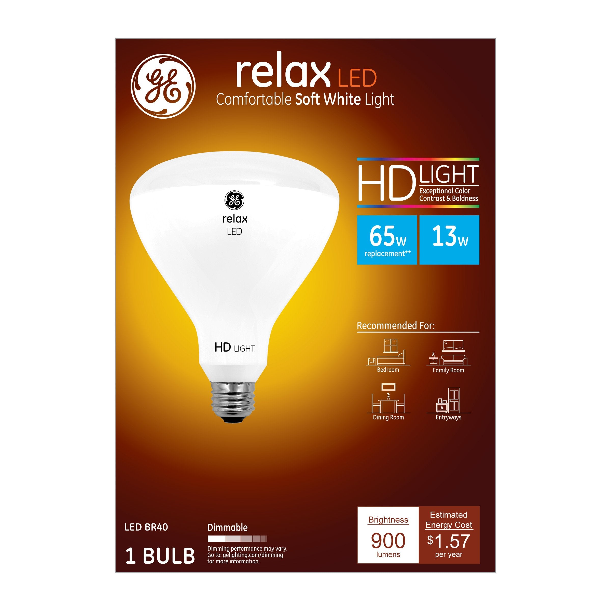 Ge 68438 Led Relax Hd 13 (65-Watt Replacement), 900-Lumen R40 Light Bulb With Medium Base, Soft White, 1-Pack, 1 Count (Pack Of