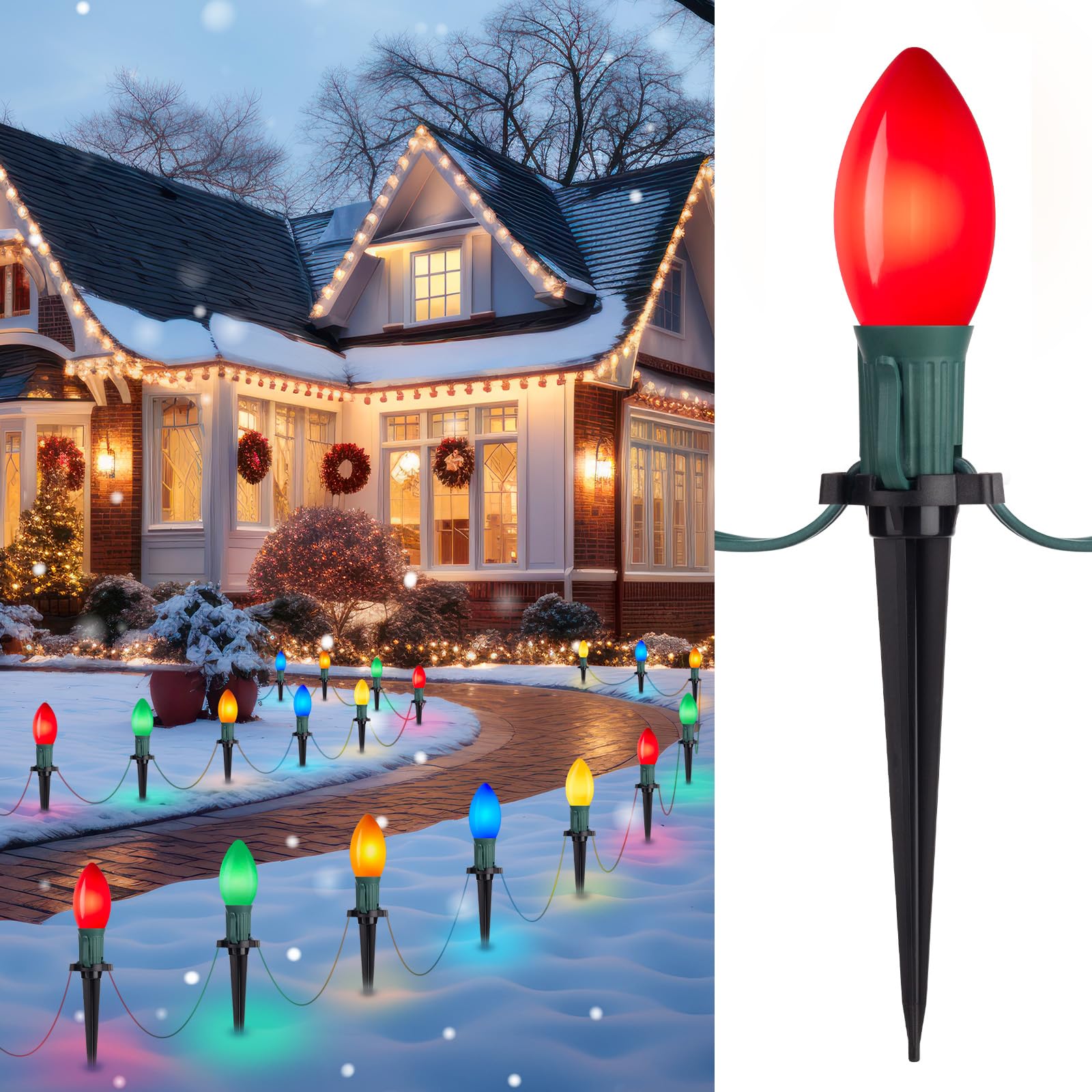 Frosted C9 Christmas Lights Outdoor, 25.7 Ft Christmas Pathway Lights with 20 LED Bulbs and Stakes, Connectable Christmas Yard D
