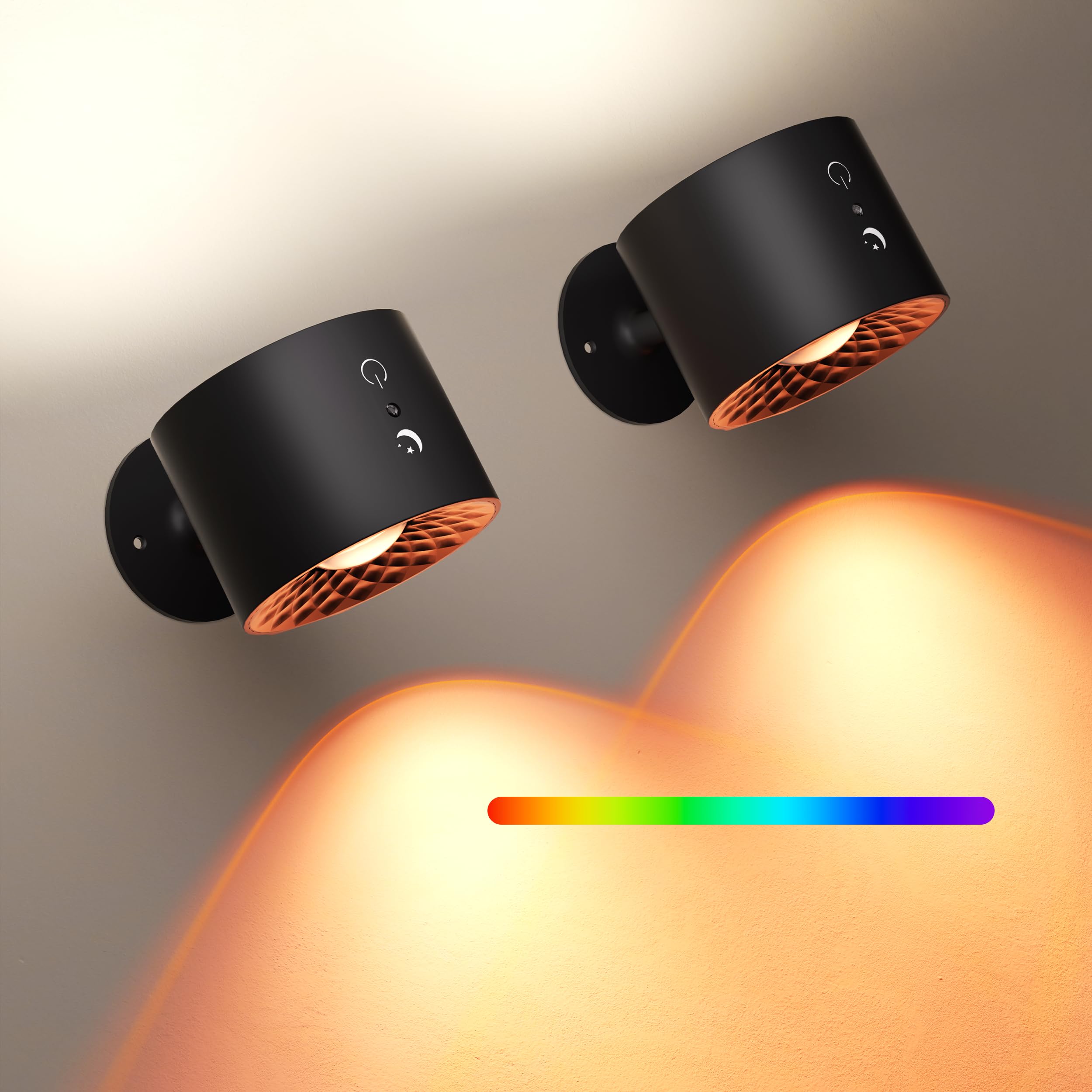 Joyzy LED Wall Light - 2 Pack, Battery Operated, RGB Color, Remote Touch Control, Black, Model WL002