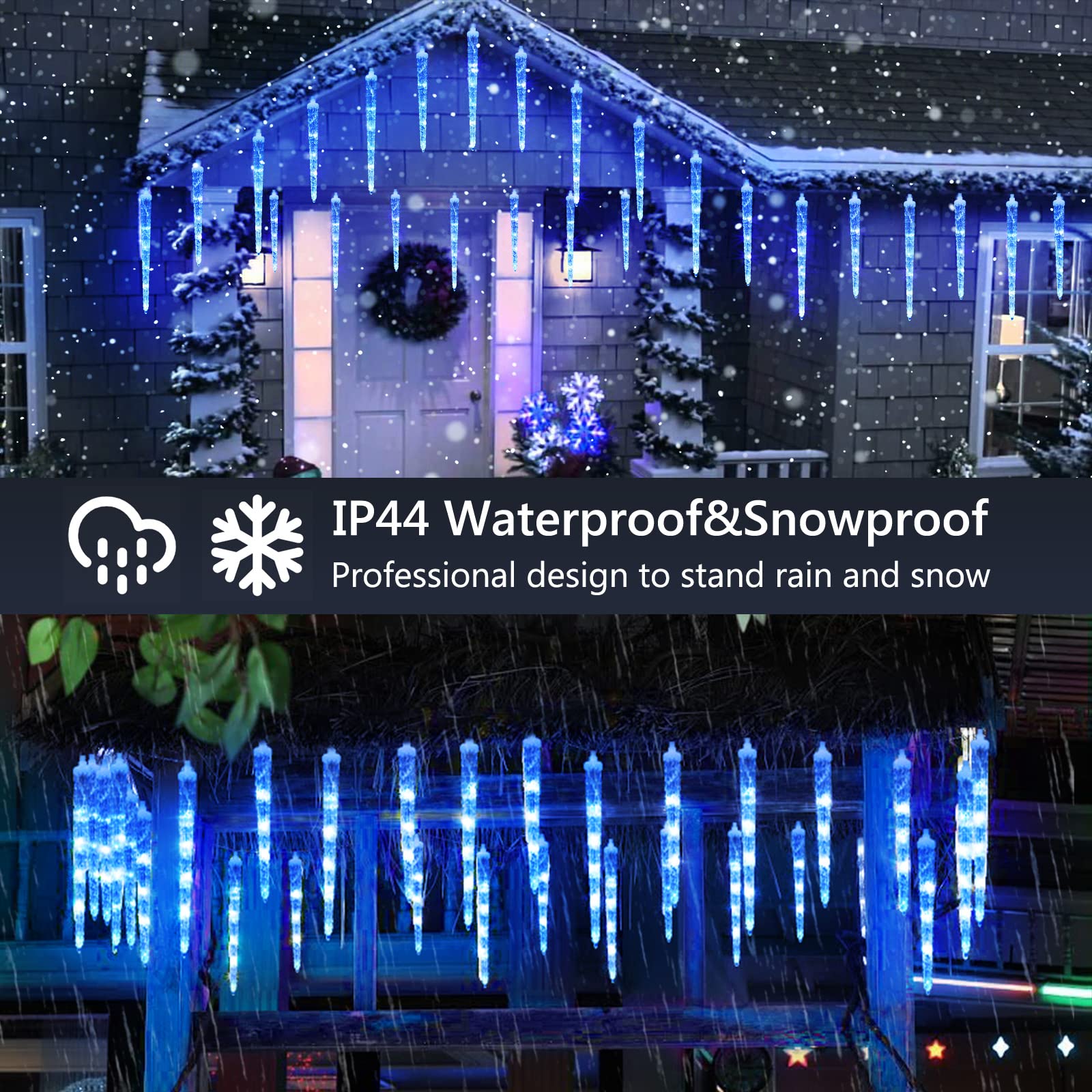 Joomer Blue Icicle Lights, 13FT 90 LED, Waterproof, 8 Modes, Timer Function, Connectable Christmas Decoration