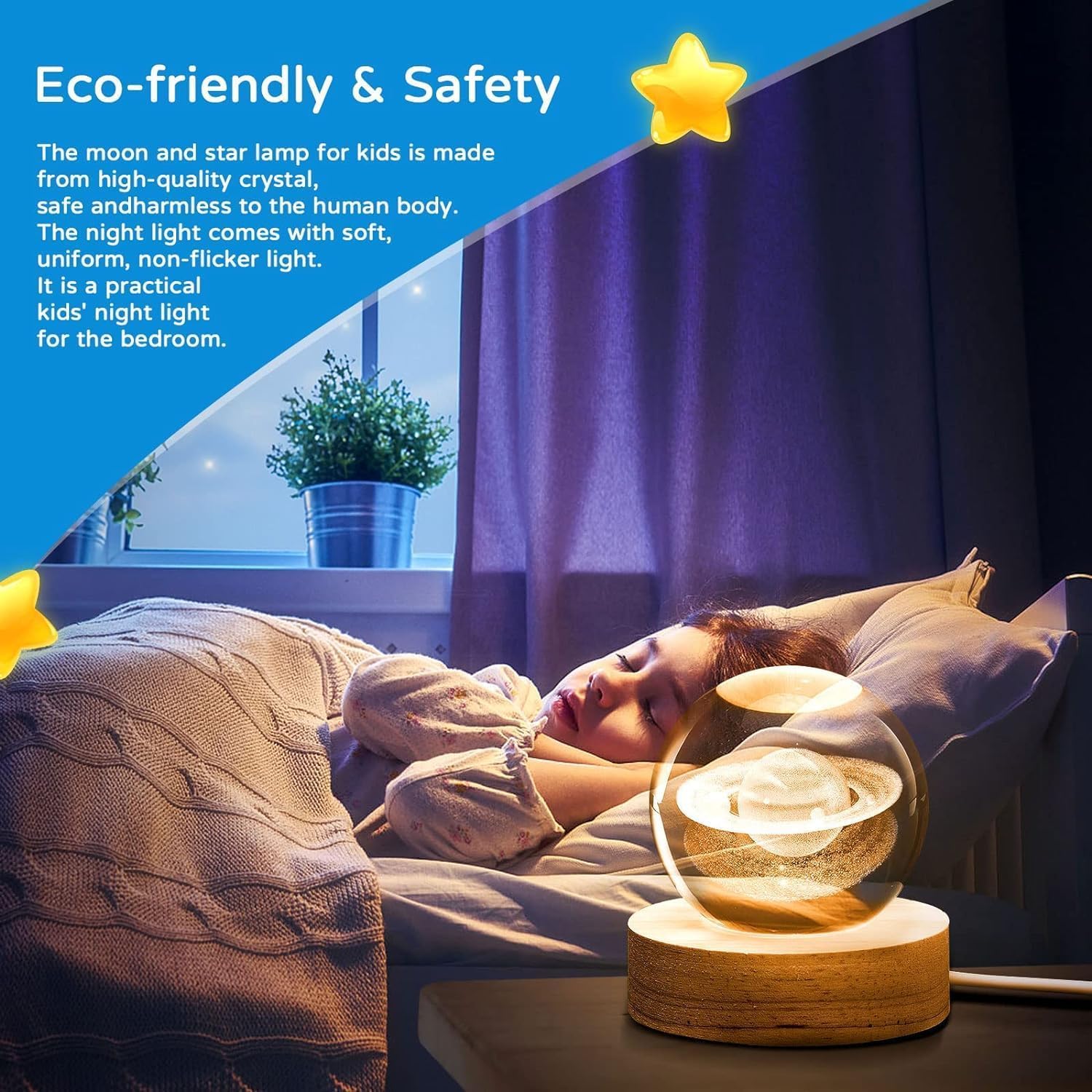 BITTZOOT 3D moon Crystal Ball Night Lamp,Solar System Crystal Ball Night Light, USB Table Colorful LED Wooden Crystal Ball for H