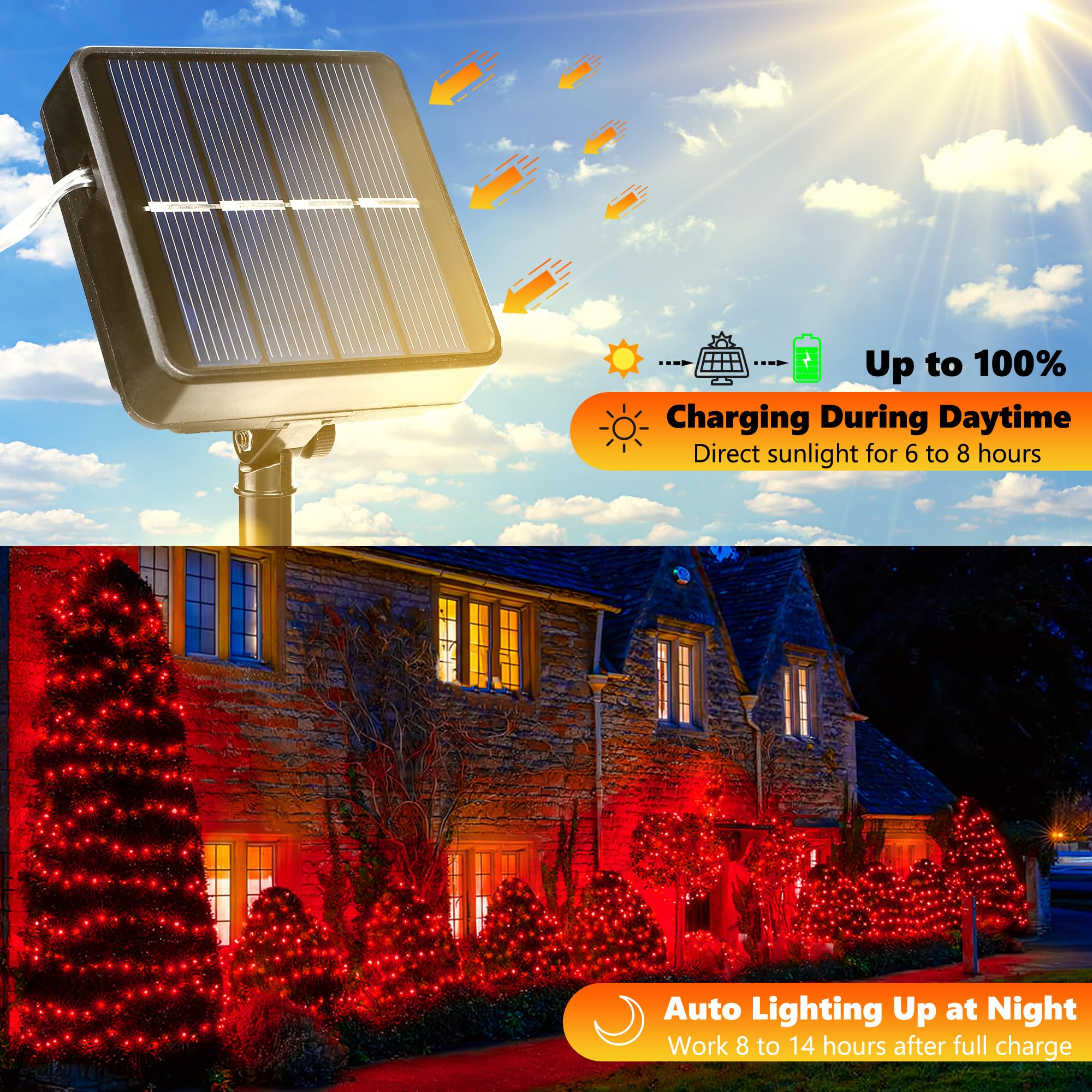 Joomer Solar Christmas Lights Outdoor, 2Pack Total 80Ft 240Led 8 Modes Solar Fairy Lights, Waterproof String Lights For Christmas Decoration (Red)