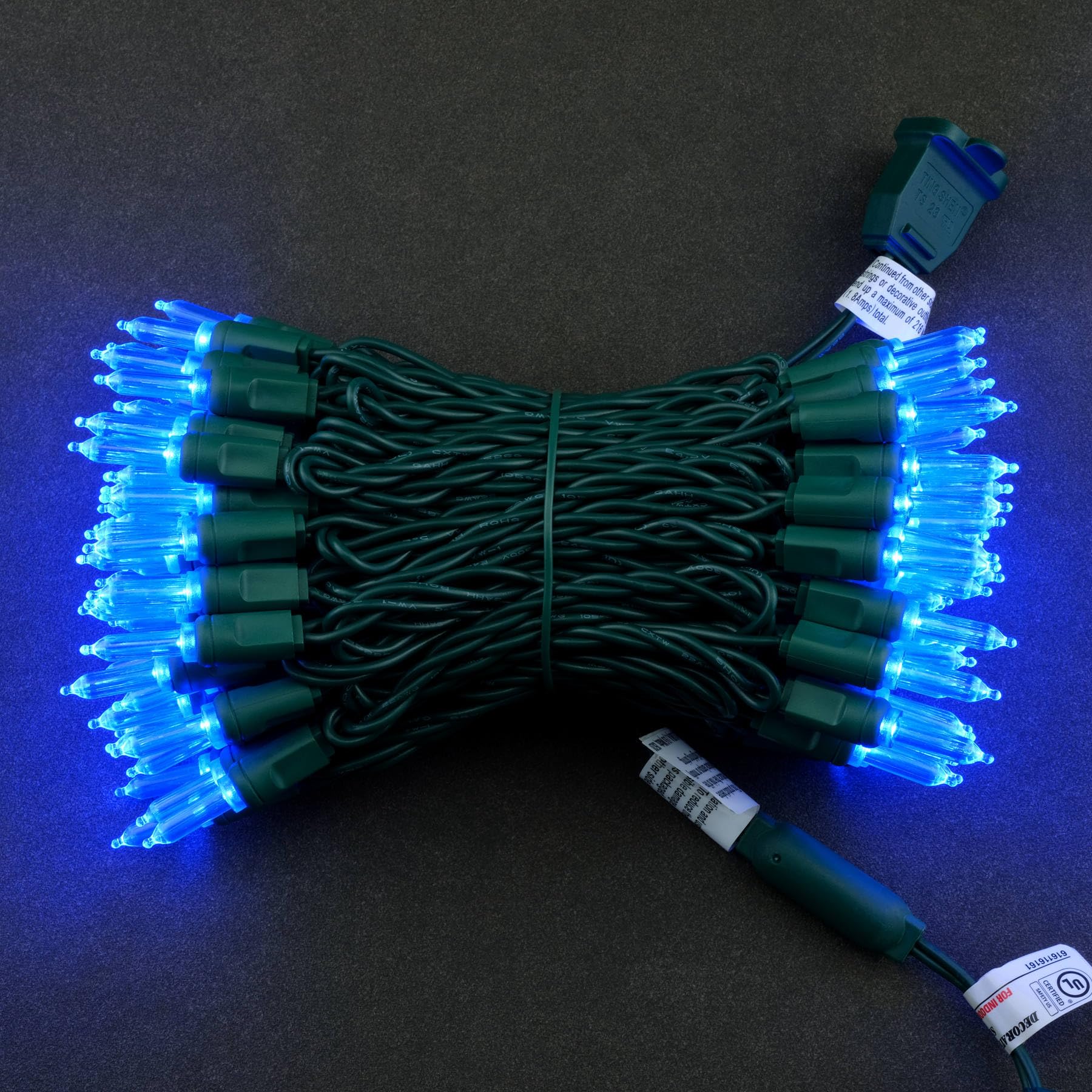 YULETIME 100 Blue T5 LED Christmas Lights, 33 ft Waterproof Green Wire, UL Certified