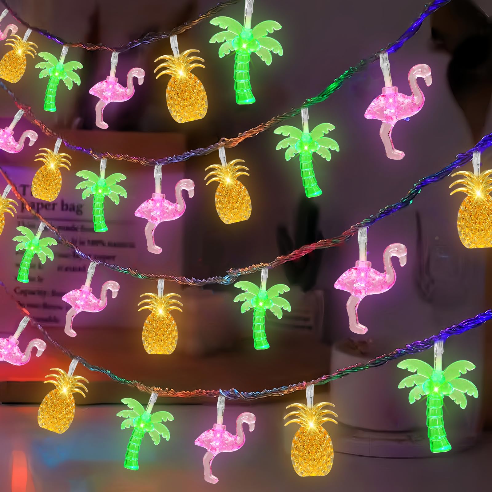 Summer Tropical Beach Hawaiian String Lights - 30 LED 16Ft Battery Operated Tropical Flamingo Pineapple Palm Tree Lights for Lua