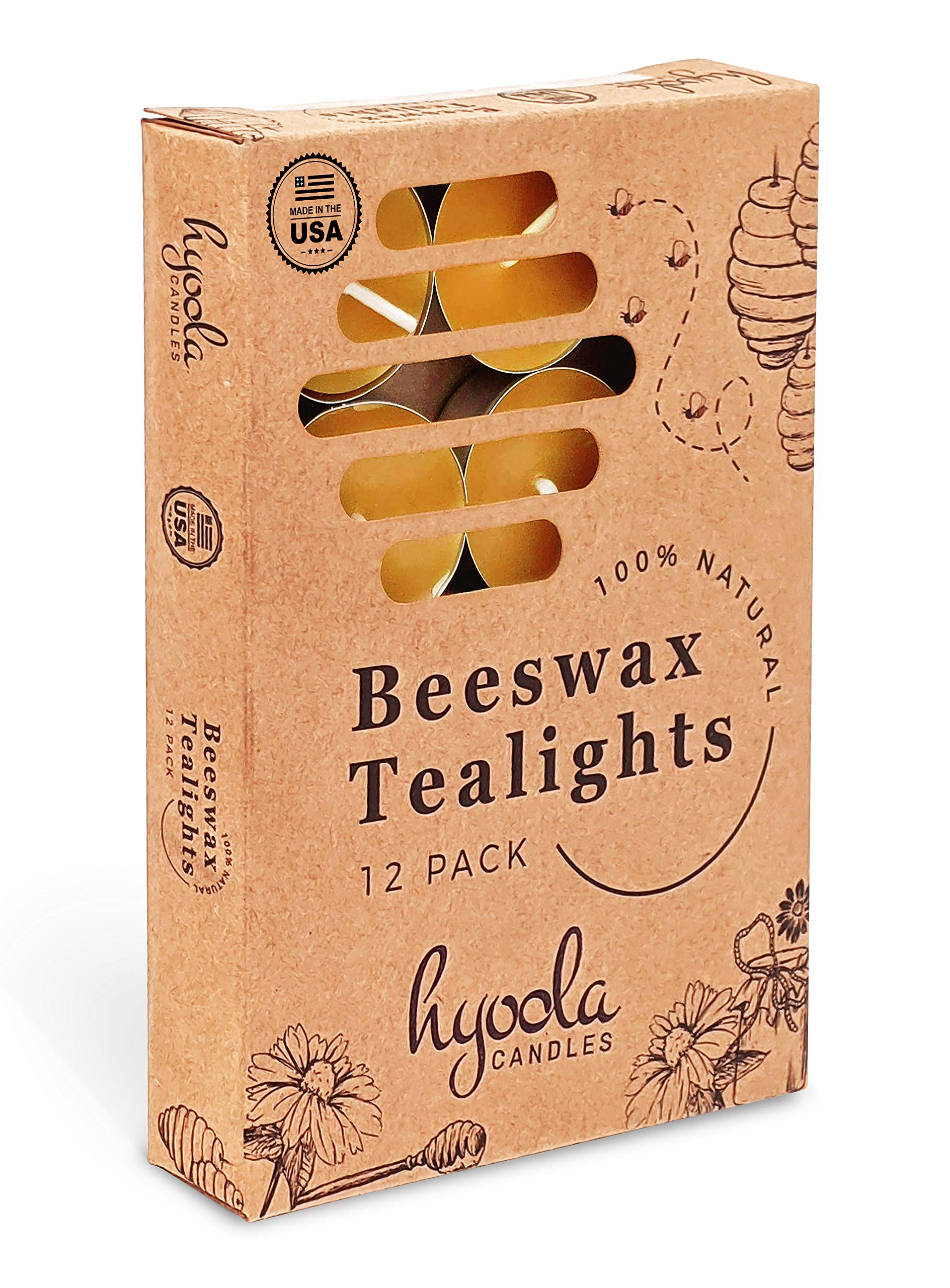 Hyoola Beeswax Tealight Candles - 100% Pure Natural, Yellow, 12-Pack, Model H11760