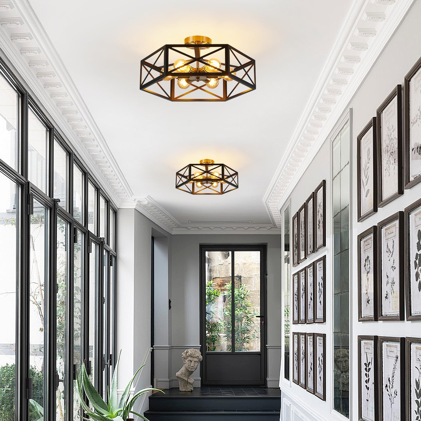 XSDeTu 6-Light Semi Flush Mount Ceiling Light, Black & Gold Metal Hexagon Cage, Industrial Style for Kitchen & Bathroom