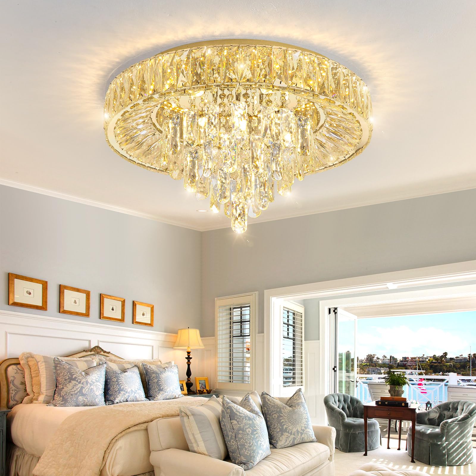 dolria Modern Crystal Chandelier LED Flush Mount Light Fixture 19.7" Gold, Dimmable with Remote for Dining Room, Living Room, Bedroom