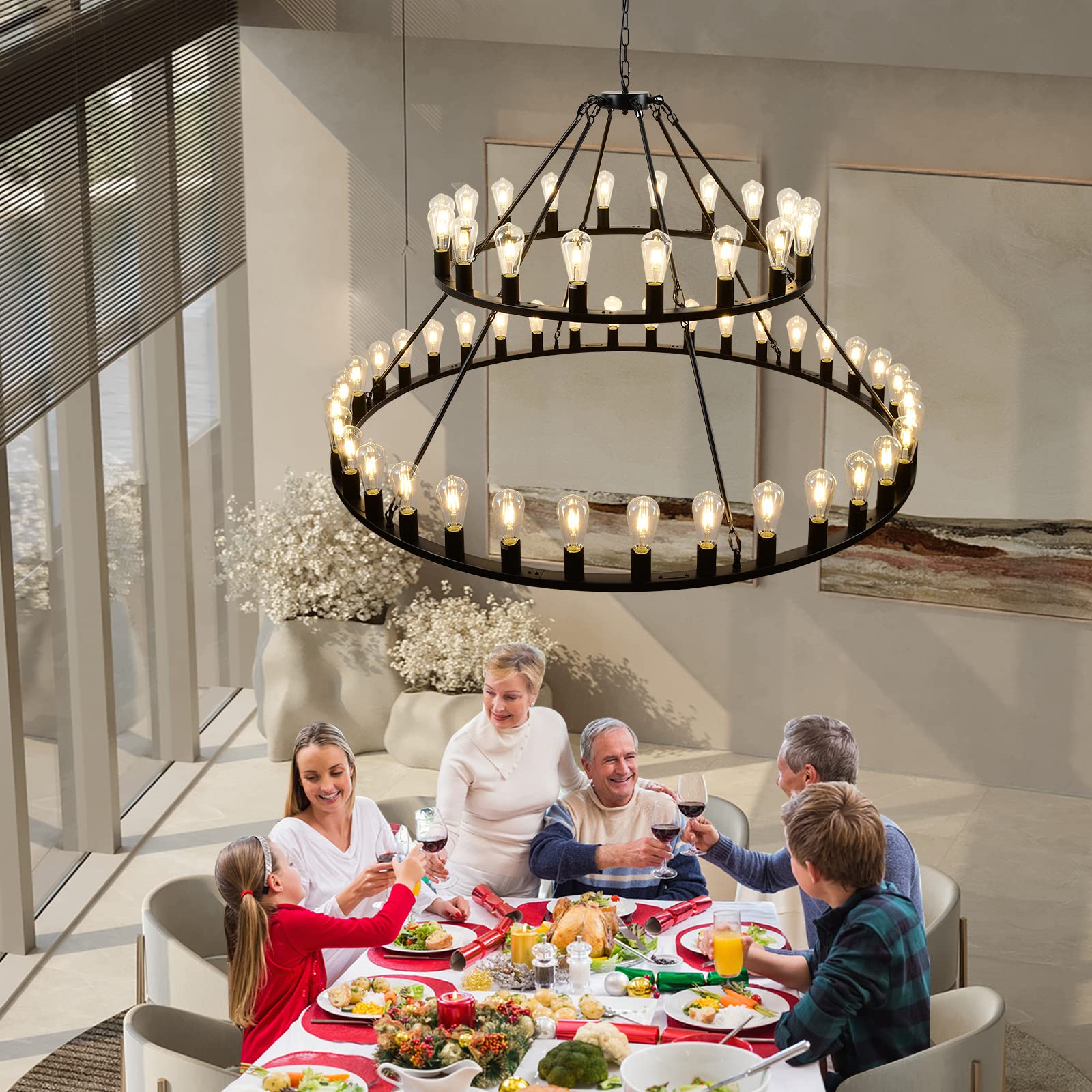 WOGON WEEL Wagon Wheel Chandelier, 2 Tier 54-Light, 60-inch Black Rustic Pendant Light for High Ceilings, Model chelun004