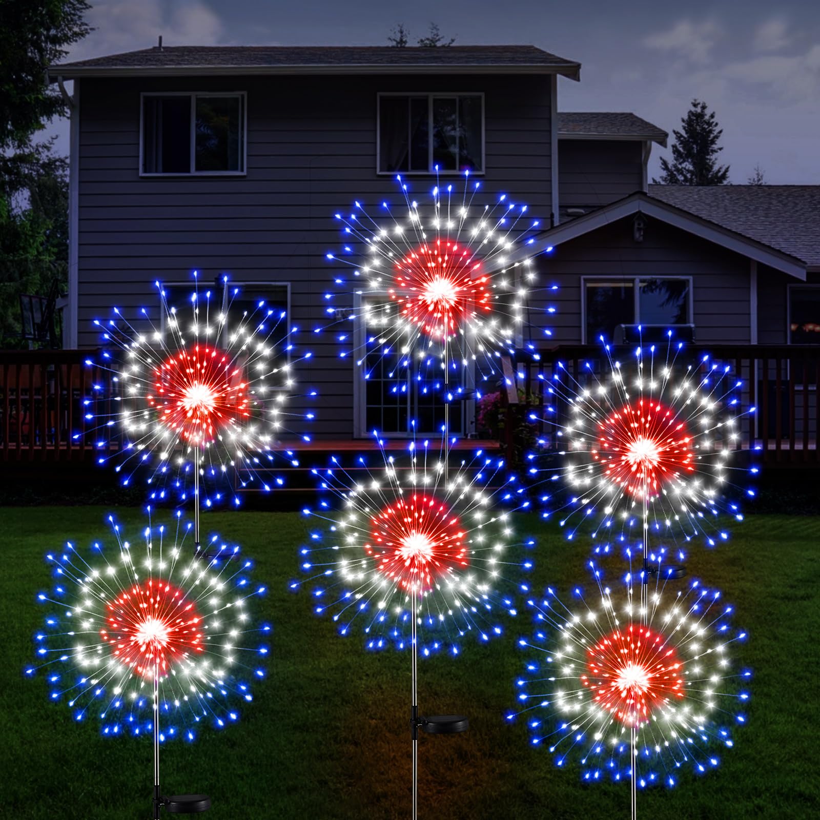Tujoe 6 Pcs 4th of July Solar Firework Lights Patriotic Solar Light Outdoor Garden 120 LED 8 Modes Waterproof LED Sparkler Light