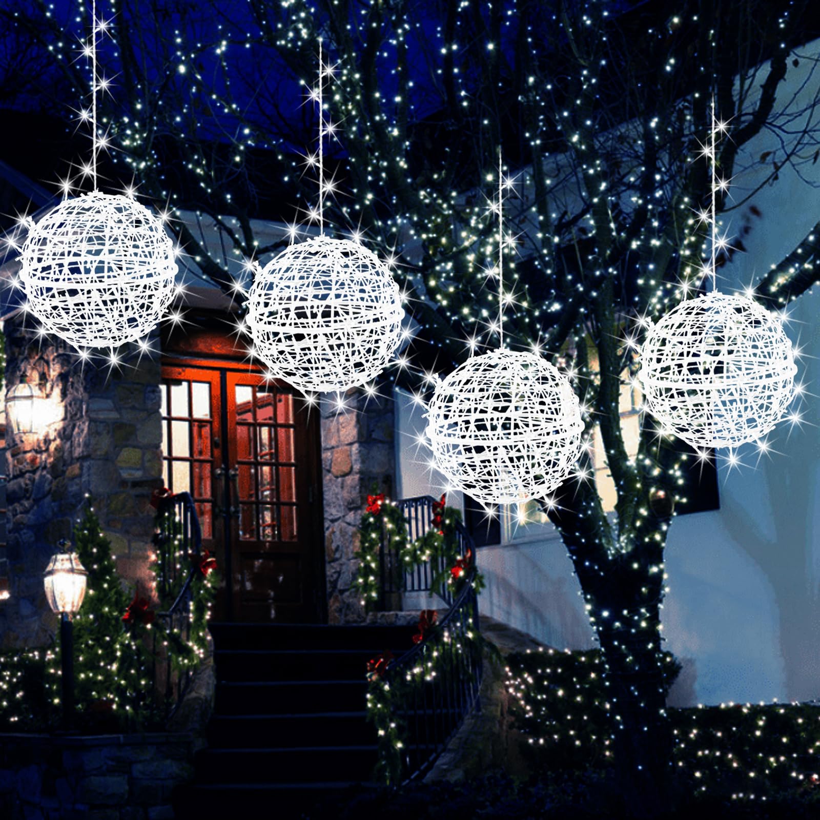 Outdoor Balls Lights Hanging Tree Garden Lights - 4 Pack 11.8'' Sphere Lights with Plug in Globe Lights Trees Garden Lights for 