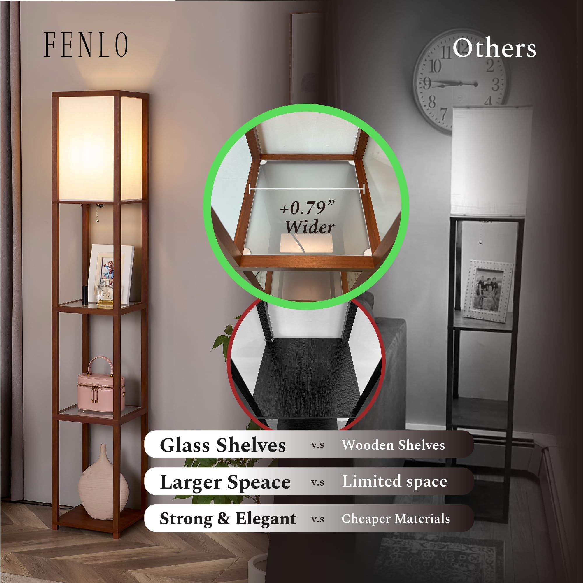 FENLO Floor Lamp with Shelves, Modern Minimalist Design, Tempered Glass Tiers, Walnut Color, Model FEN-111-FL-WA