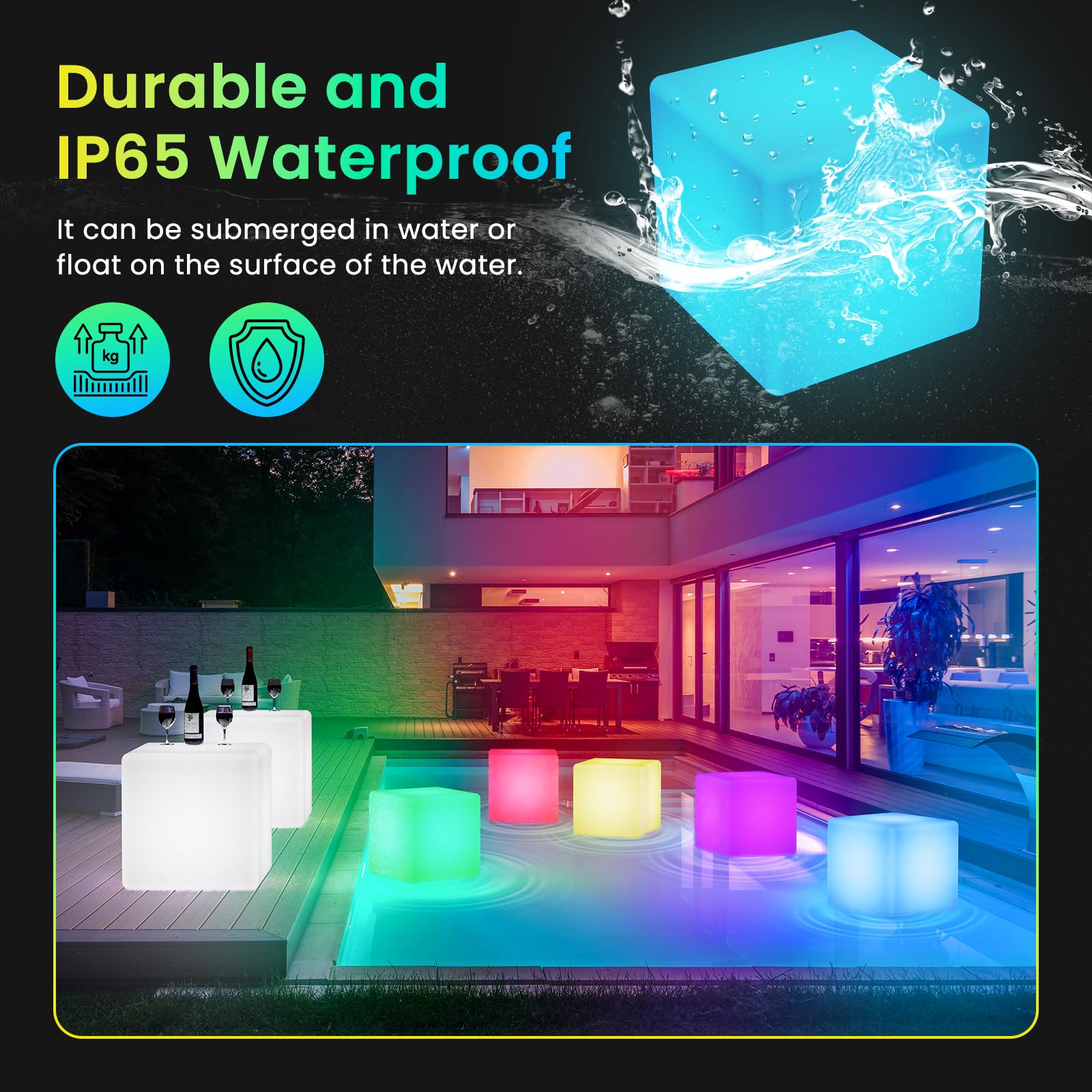 LOFTEK 20-inch RGB LED Cube Light - Rechargeable, IP65 Waterproof, Multicolor, Remote Control for Home, Outdoor, Pool, Party Decor