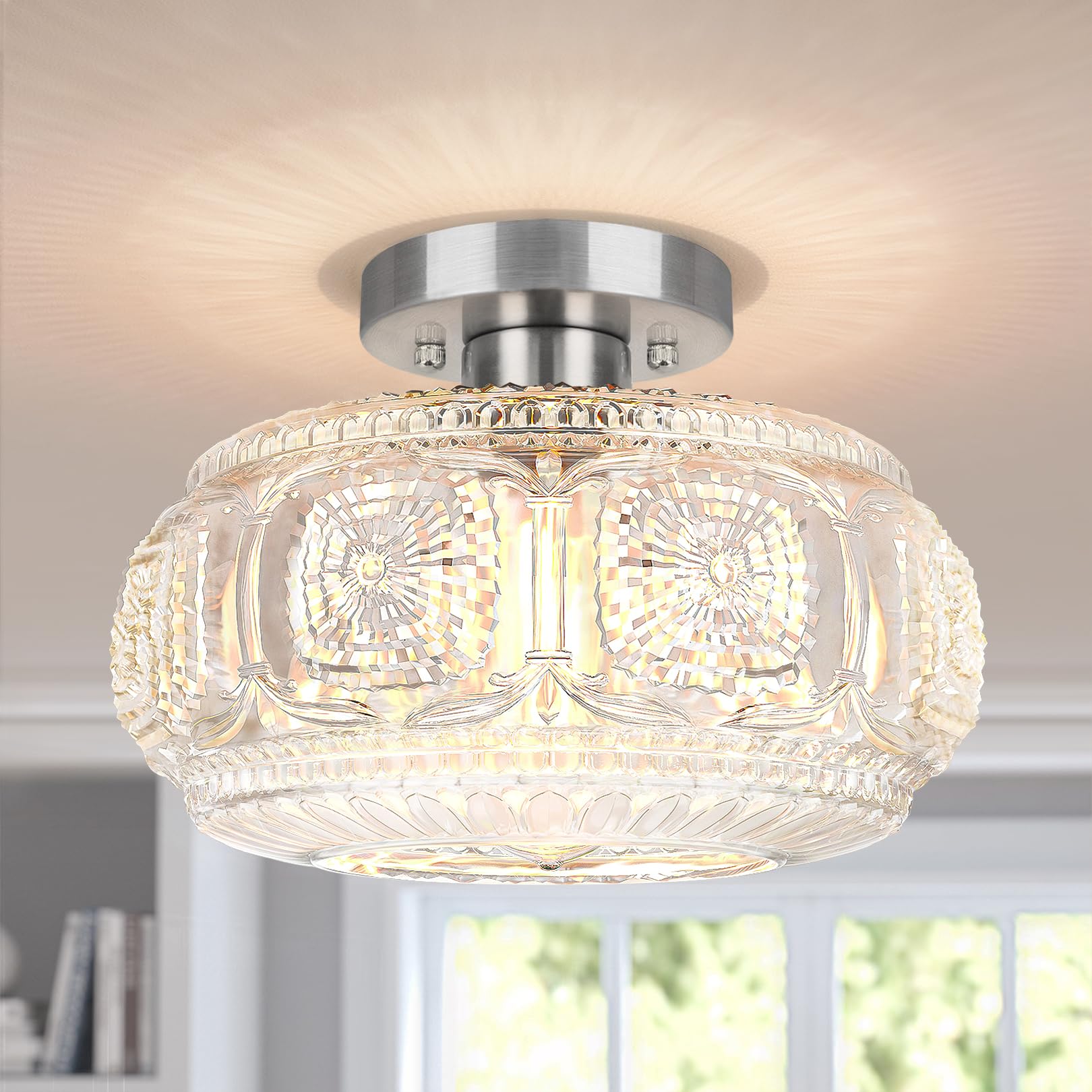 OYKYOHEI Semi Flush Mount Ceiling Light, Upgraded Larger Brushed Nickel Glass Ceiling Light Fixture, Vintage Lighting for Hallwa