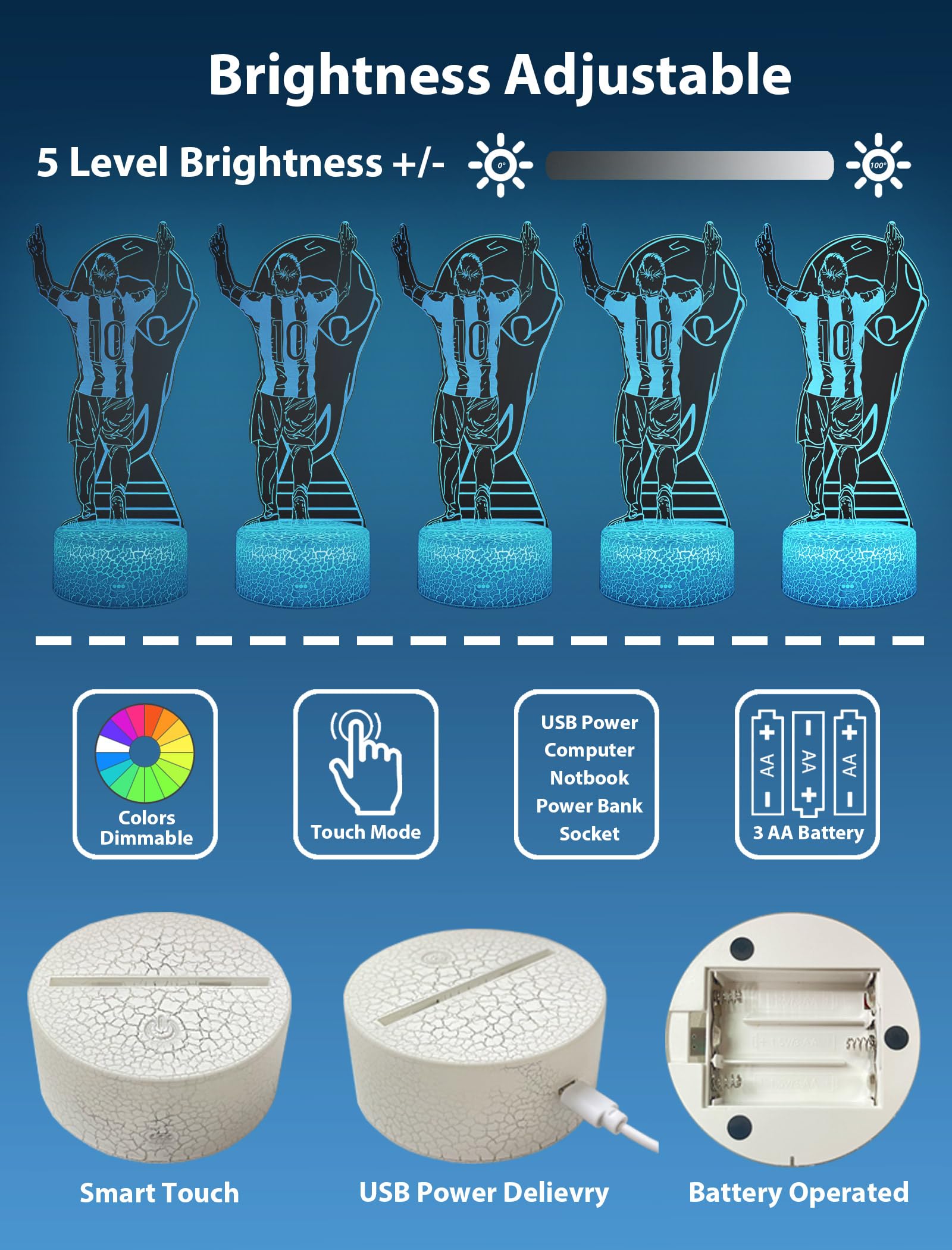 Arerg Soccer Player #10 3D Illsuion Lamp For Boys,16 Colors Changing Dimmable With Remote Soccer Room Decor Light, Creative Gifts For Soccer Fans Kids Teens Men Birthday Christmas