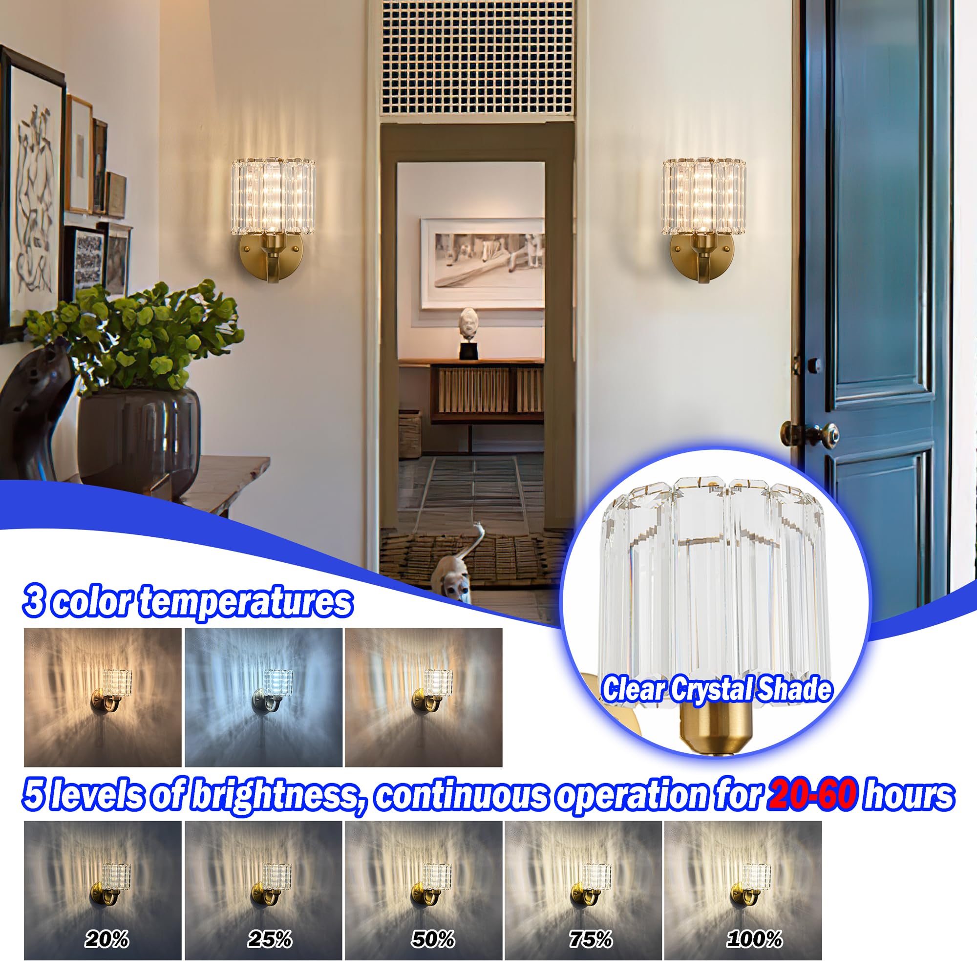 Wall Sconces Battery Operated Wall Lights Set Of Two, Wireless Rechargeable Wall Sconces With 10000Mah Rgb Light Bulb, Crystal W