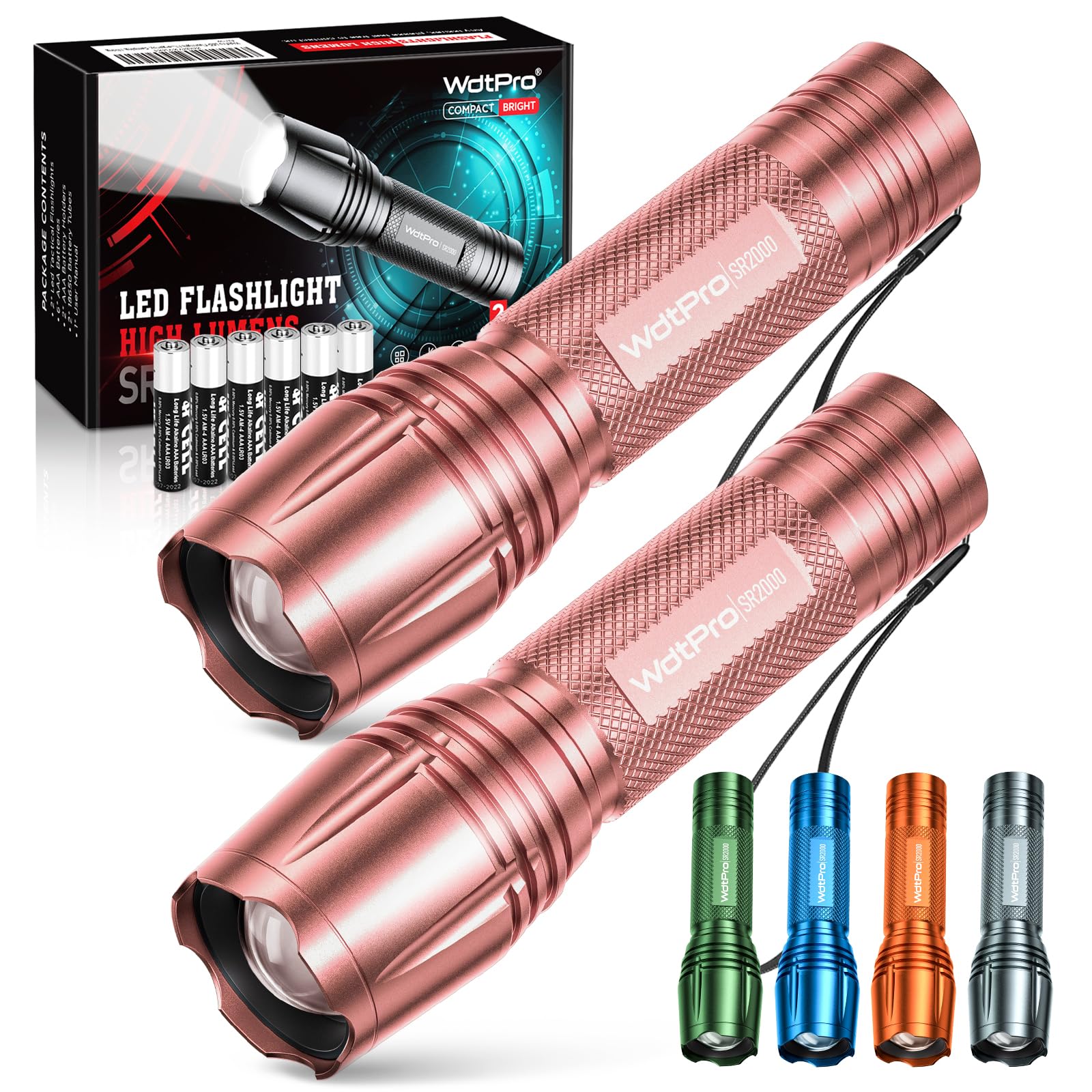WdtPro LED Flashlight SR2000 Pro, 2 Pack, 5 Modes, Zoomable, Aluminum, Pink