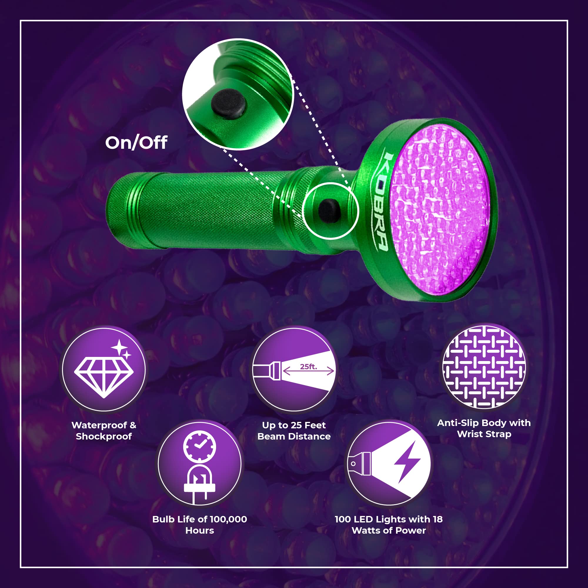 KOBRA Black Light Flashlight 100 LED Lamp, 18W Ultra Intensity, Green, Model BLFL-PRNT, Ideal for Home & Hotel Inspection