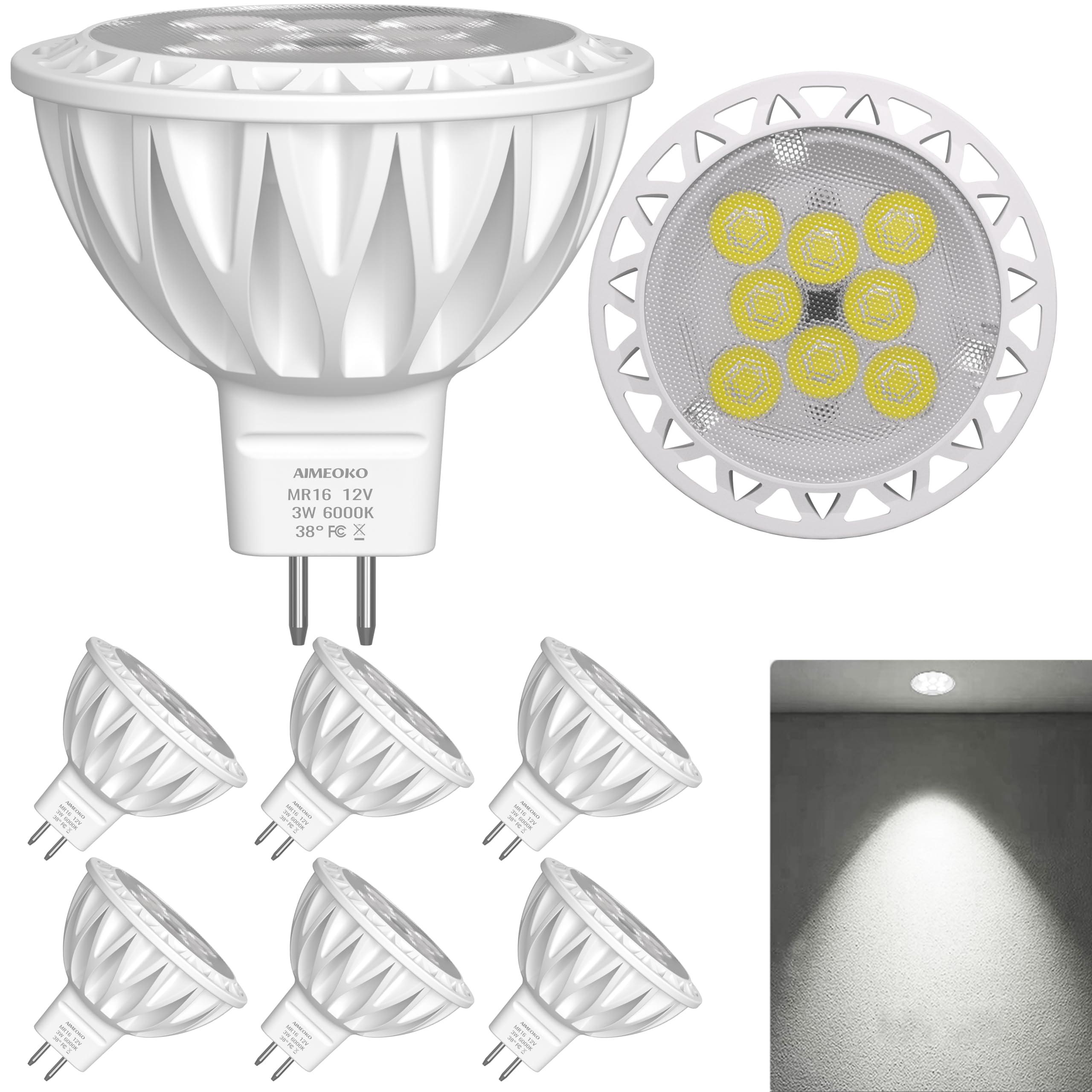 Aimeoko Mr16 Led Bulb Light Bulbs 6 Pack, 3W (35W Halogen Equivalent) 6000K Daylight Cool White Gu5.3 Base 12V Spotlight 38 Deg 