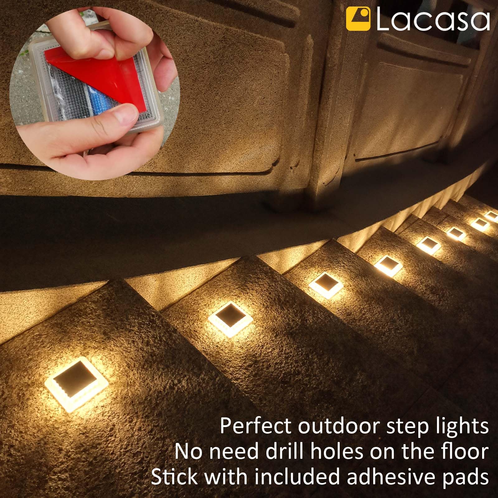 Lacasa Solar Deck Lights, 8 Pack 30Lm Led Dock Lights Warm White 2700K, Outdoor Solar Powered Step Lights Light Up All Night Ip6