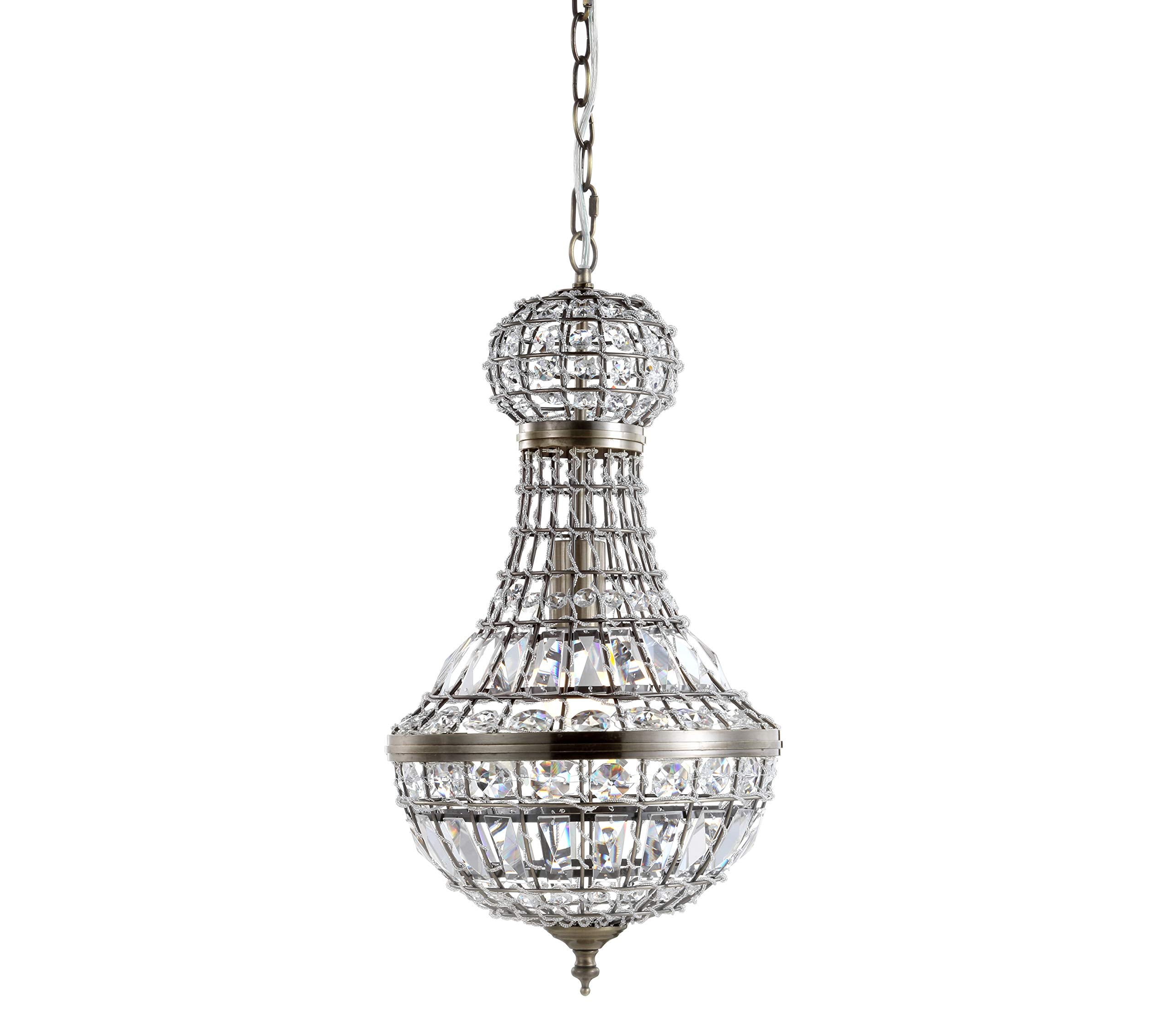 JONATHAN Y 10in Crystal Metal LED Chandelier Pendant Antique Brass, Model JYL6108A, Dimmable, Adjustable for Dining Room, Living Room, Kitchen