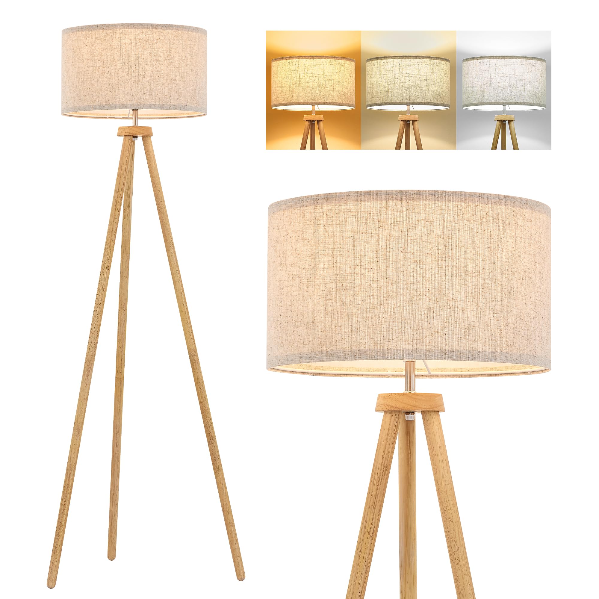 Elyona Wood Tripod Floor Lamp For Living Room, Nordic Standing Lamp With 3 Color Temperatures Led Bulb Included & Beige Linen Sh