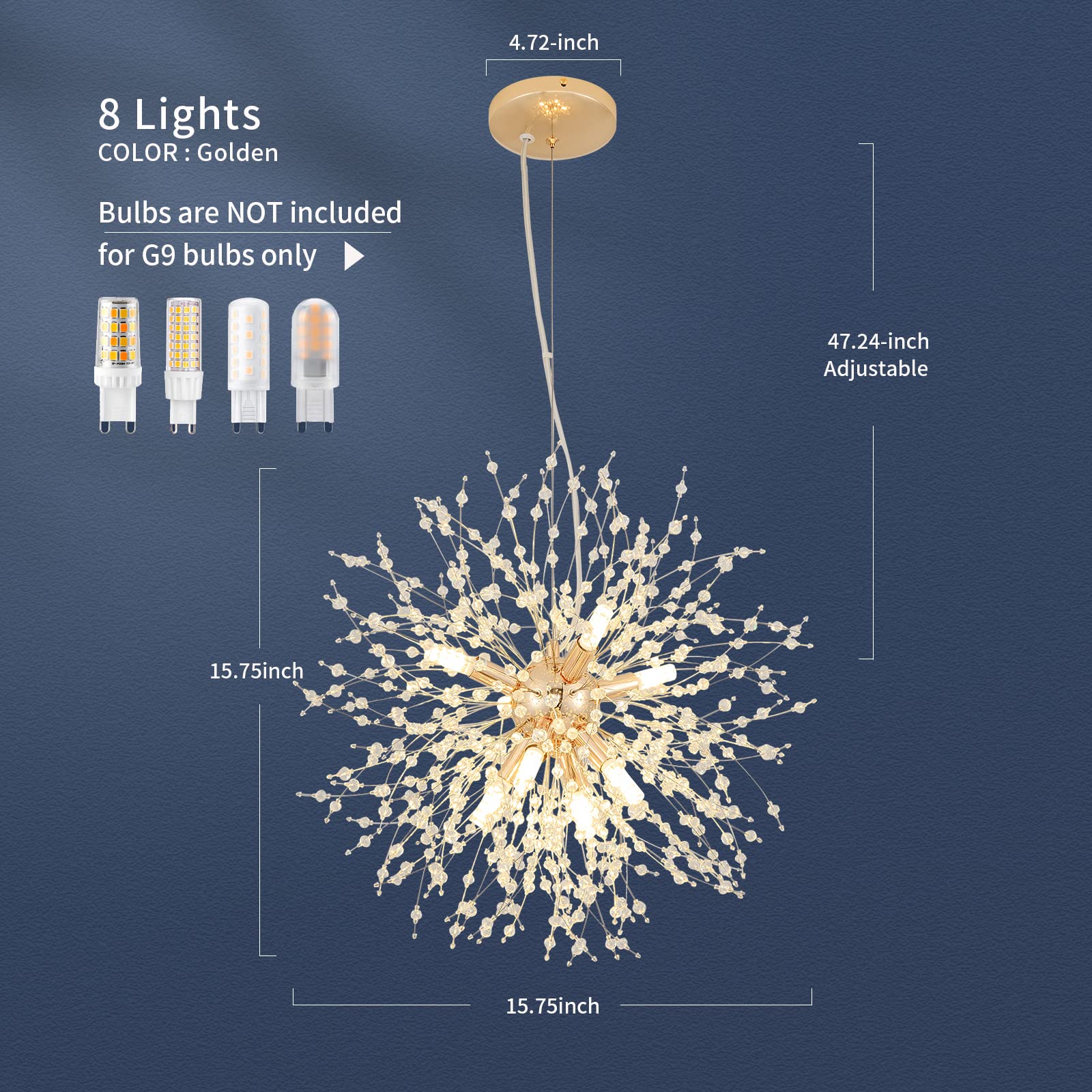 Cm Mzy Modern Crystal Chandeliers Firework, 8-Light Gold Dandelion Sputnik Ceiling Light Fixtures, Sputnik Chandelier For Bedroom Living Room Dining Room Kitchen Island Hallway