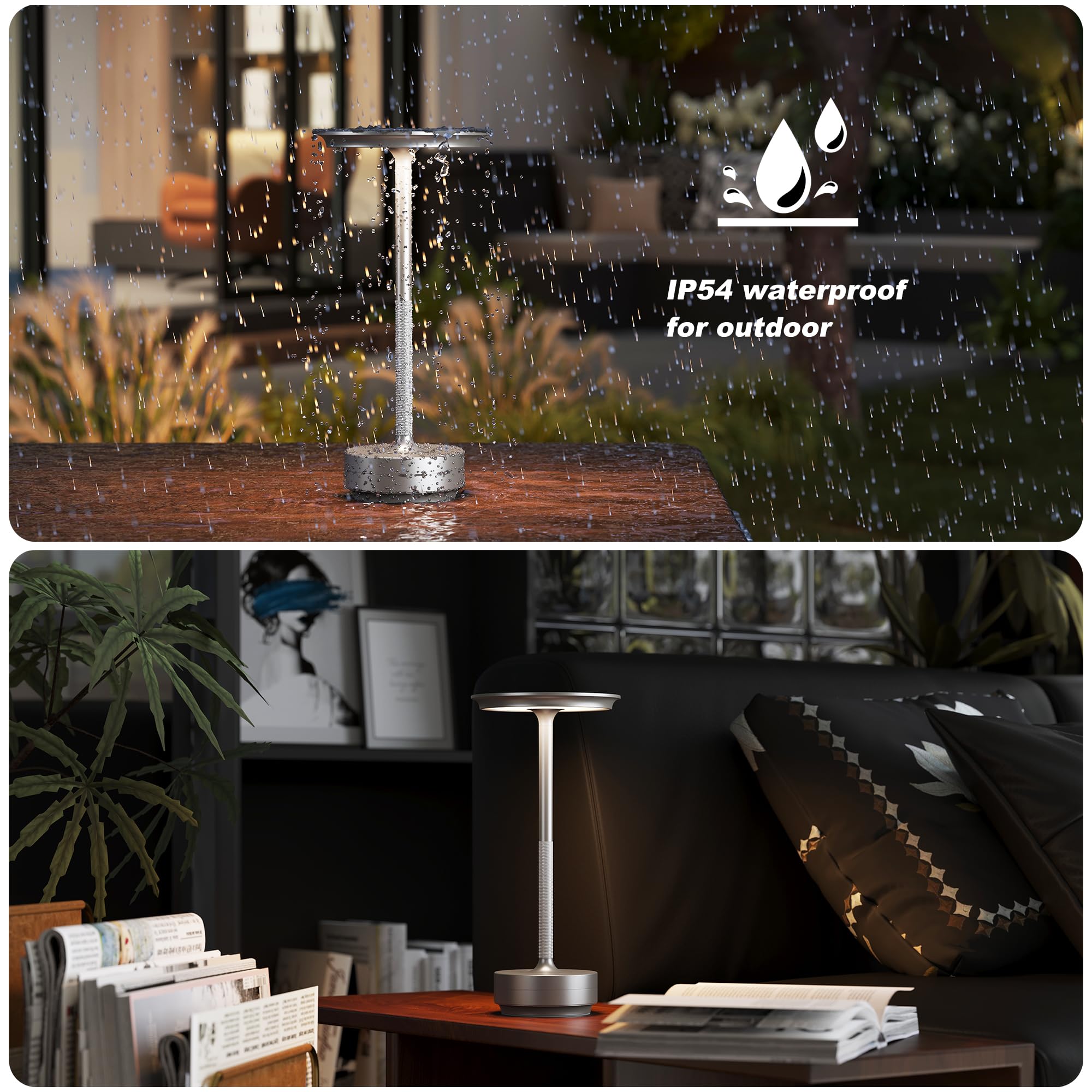 TBBGA Rechargeable Cordless Table Lamps, 3 Color Dimming, 5000mAh Battery, Silver, Model Q006