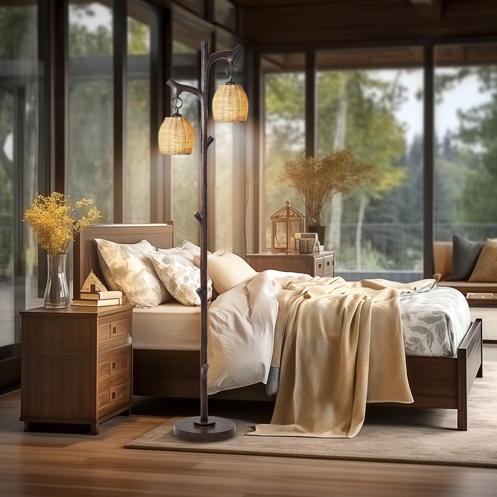 Scenekoy 68" Rustic Farmhouse Floor Lamp - Dark Bronze Faux Wood Column with Wicker Drum Shade for Living Room & Bedroom Decor