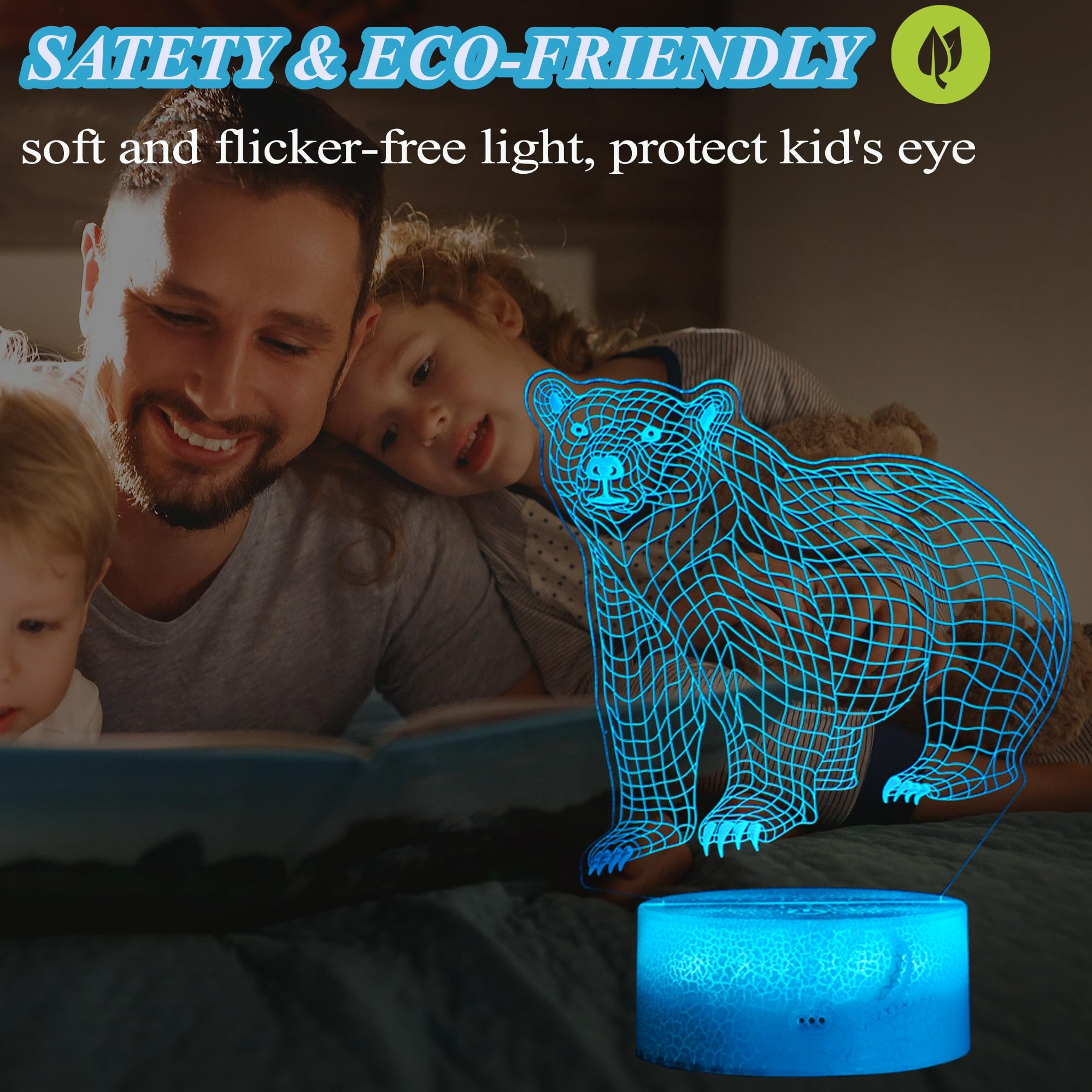 Posshe Polar Bear Night Light, 3D Illusion Lamp, Rgb16 Colors Changing, Remote Control, Dimmable, Kids Room Decoration, Xmas Bea