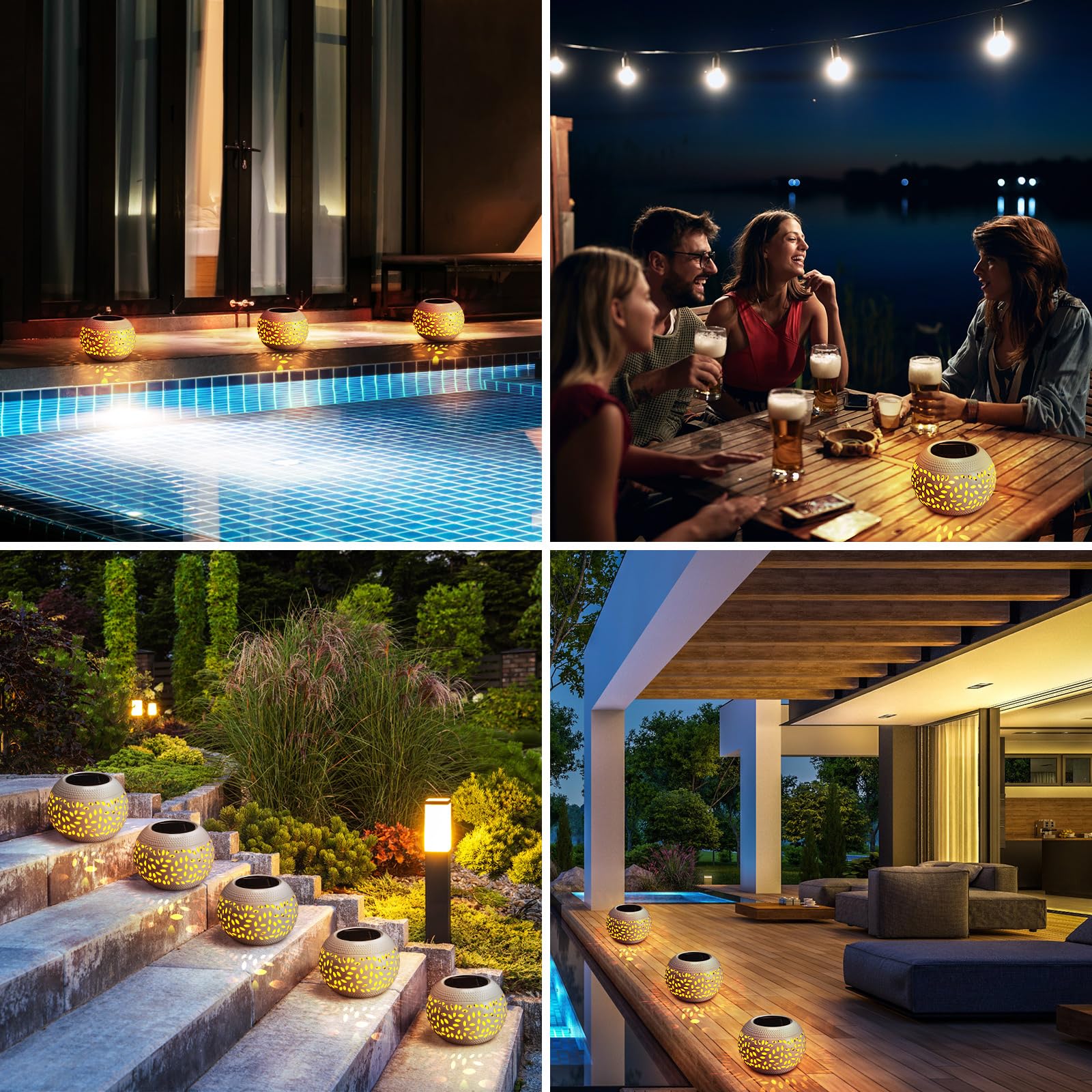 Reginary Solar Table Lantern - Outdoor Waterproof LED Light, Flickering Flame, Metal, White, Model EO-Reginary-2081