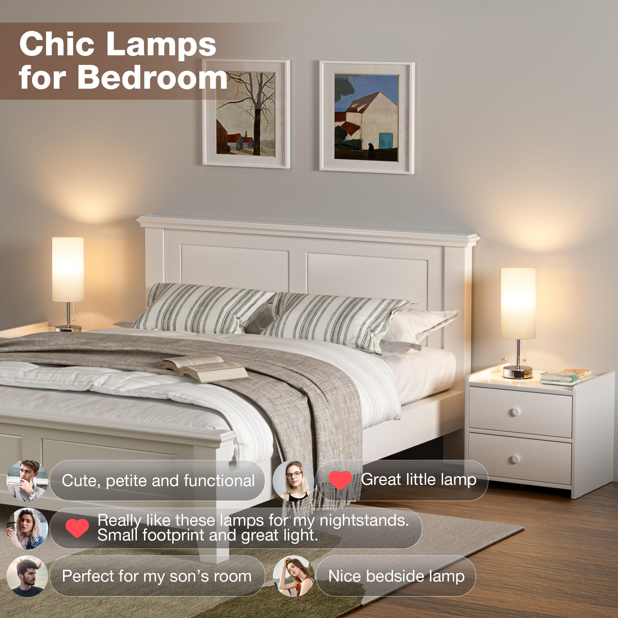 White Bedside Lamps For Bedroom Set Of 2 - Nightstand Lamp With Usb Charging Port, 3 Color Temperatures, Silver Base Night Stand