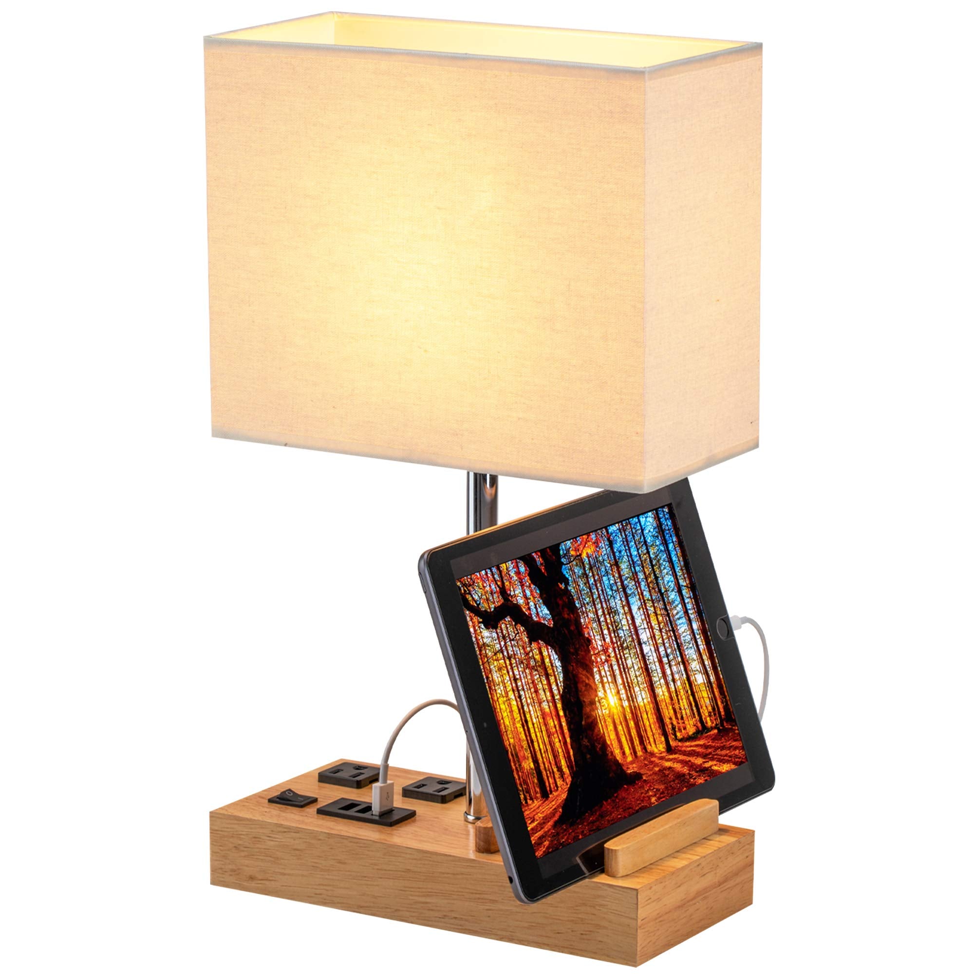 Dreamholder Desk Lamp - 3 USB Charging Ports, 2 AC Outlets, Natural Wood Base, Model DH9019W, Cream Linen Shade