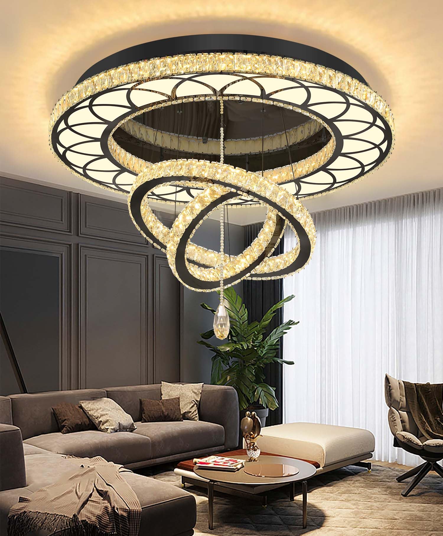 Flashing God Dia 40'' Modern Chandelier for Living Room Crystal Bedroom Chandelier Light Fixtures LED Flush Mount Ceiling Light 